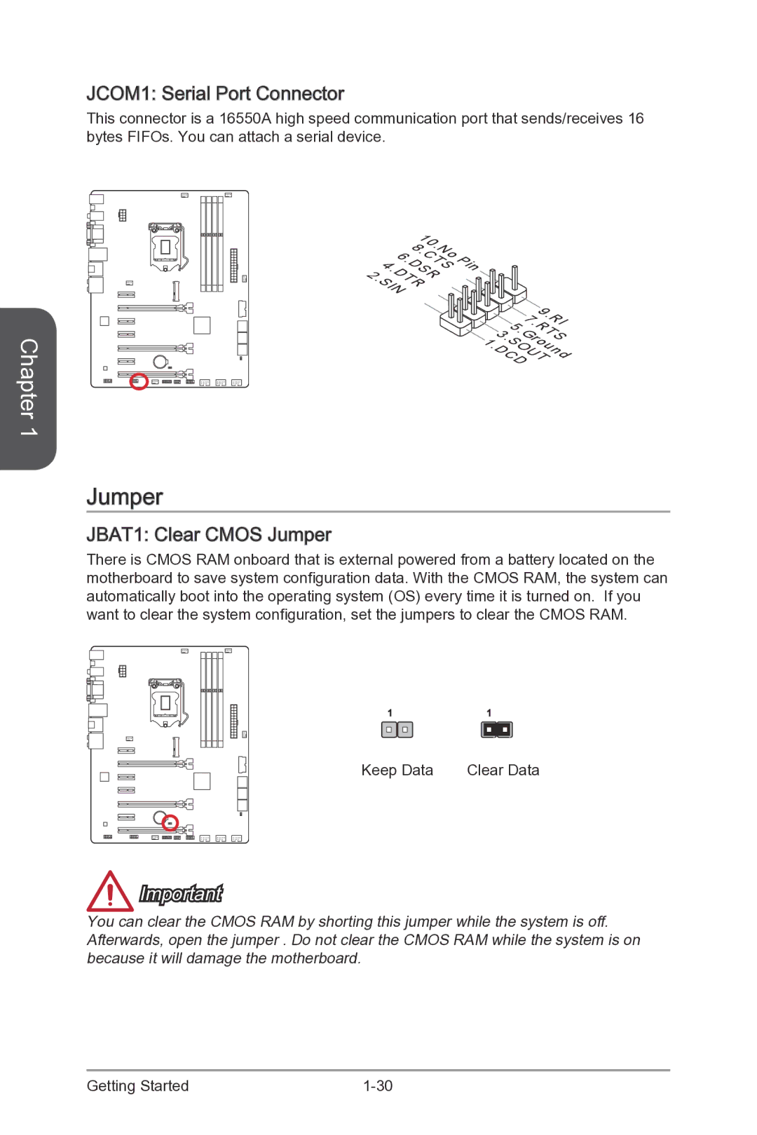 MSI Z87-G55 manual JCOM1 Serial Port Connector, JBAT1 Clear Cmos Jumper 