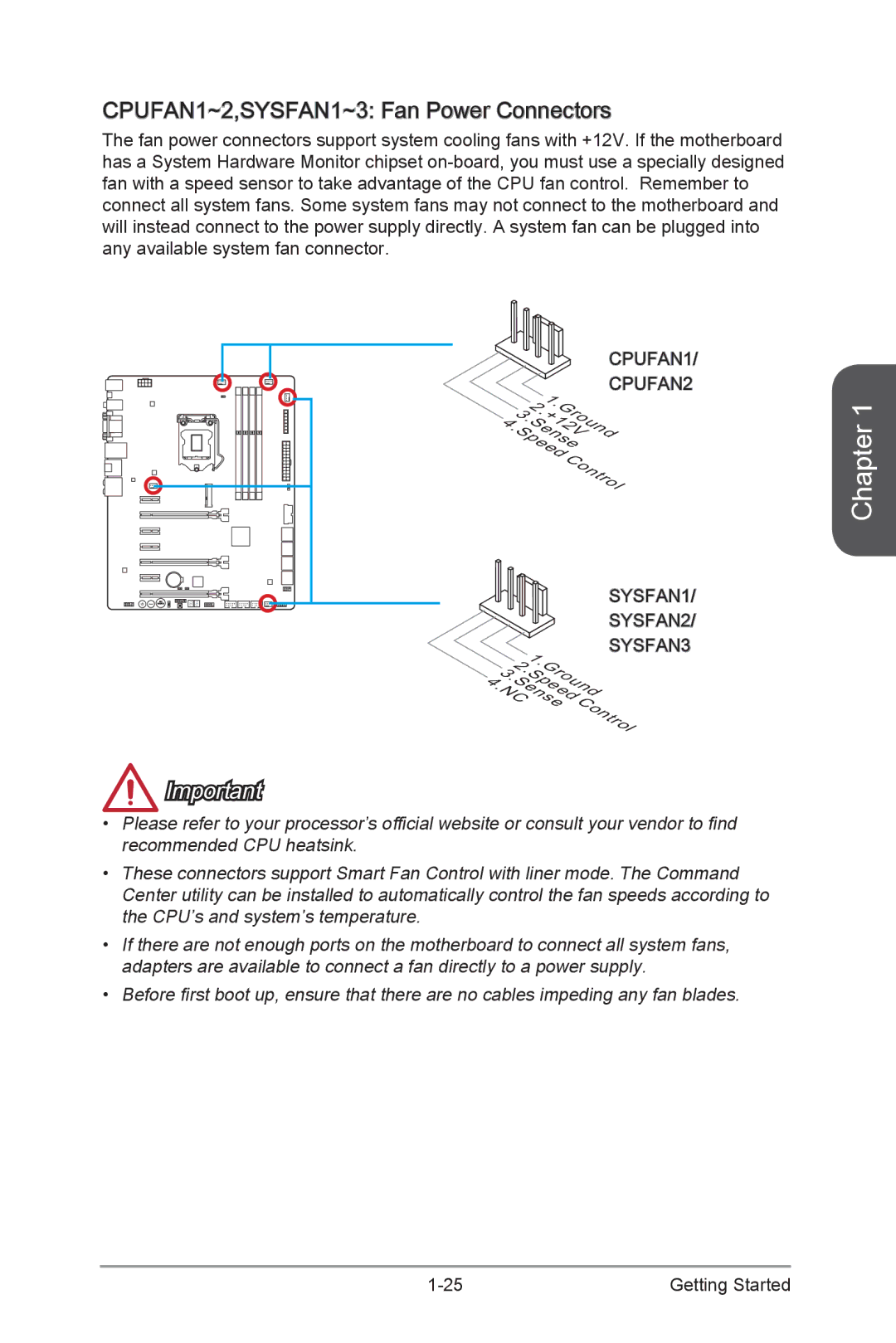 MSI Z87-GD65-GAMING manual CPUFAN1~2,SYSFAN1~3 Fan Power Connectors 