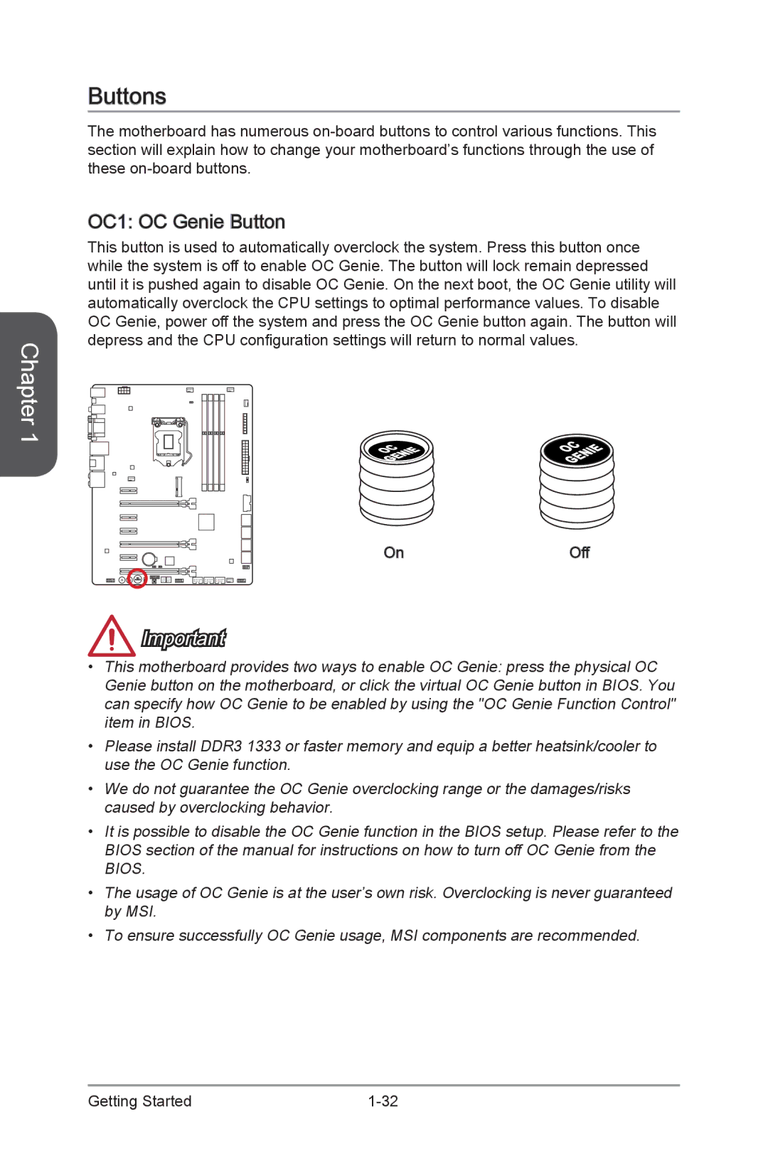 MSI Z87-GD65-GAMING manual Buttons, OC1 OC Genie Button 