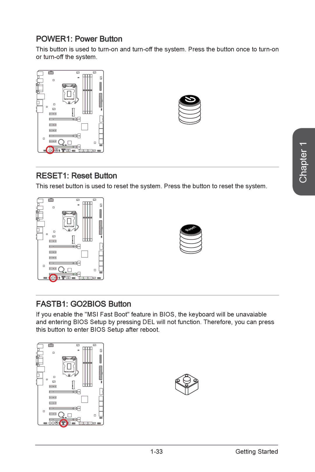 MSI Z87-GD65-GAMING manual POWER1 Power Button, RESET1 Reset Button, FASTB1 GO2BIOS Button 