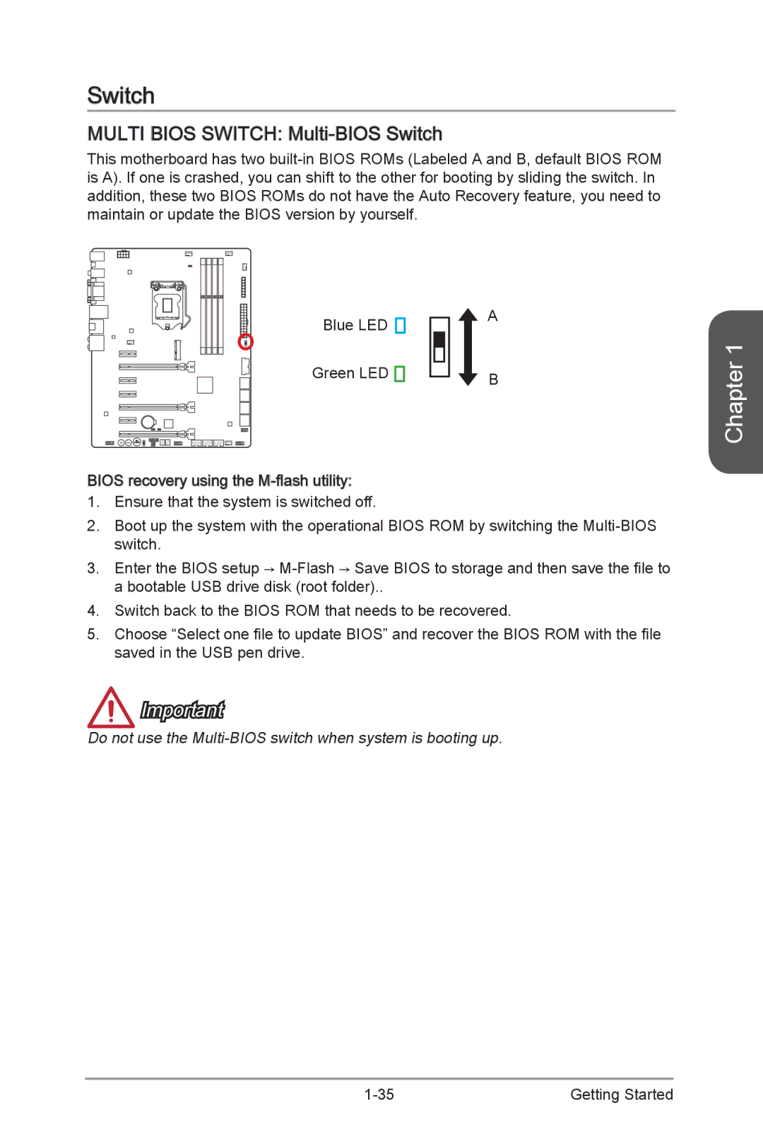 MSI Z87-GD65-GAMING manual Multi Bios Switch Multi -BIOS Switch 