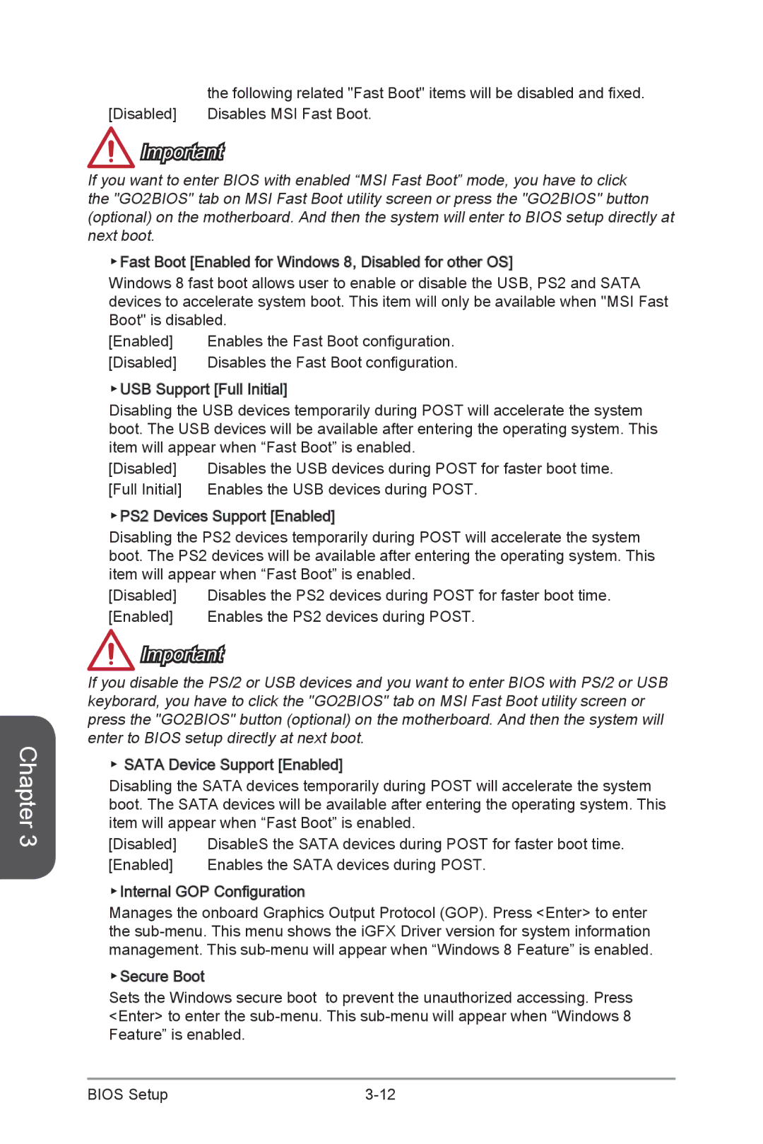 MSI Z87-GD65-GAMING manual Disabled Disables MSI Fast Boot 