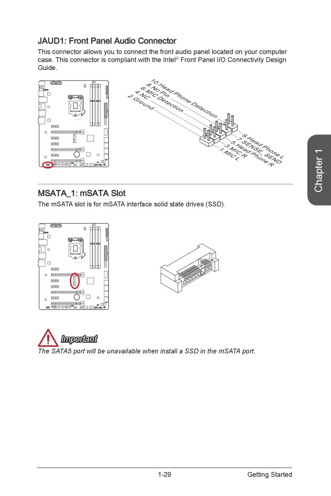 MSI Z87-MPOWER-MAX manual JAUD1 Front Panel Audio Connector, MSATA1 mSATA Slot 