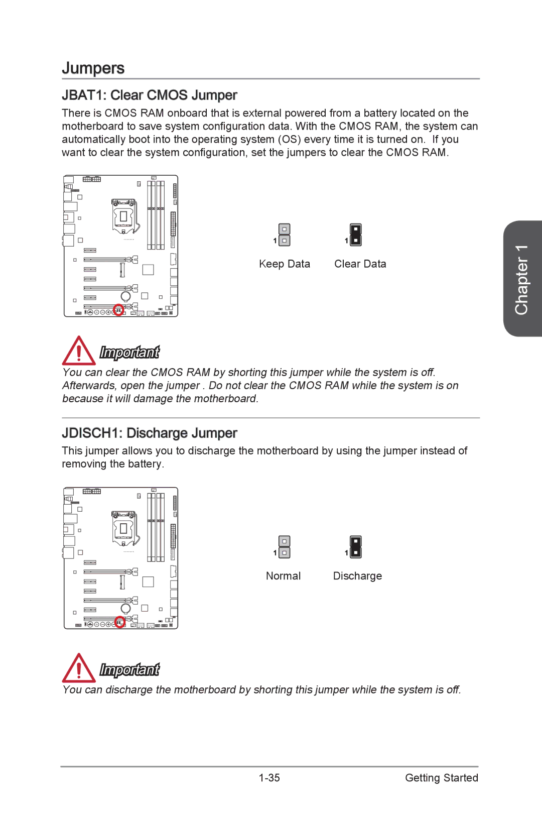MSI Z87-MPOWER-MAX manual Jumpers, JBAT1 Clear Cmos Jumper, JDISCH1 Discharge Jumper, Clear Data, Normal Discharge 