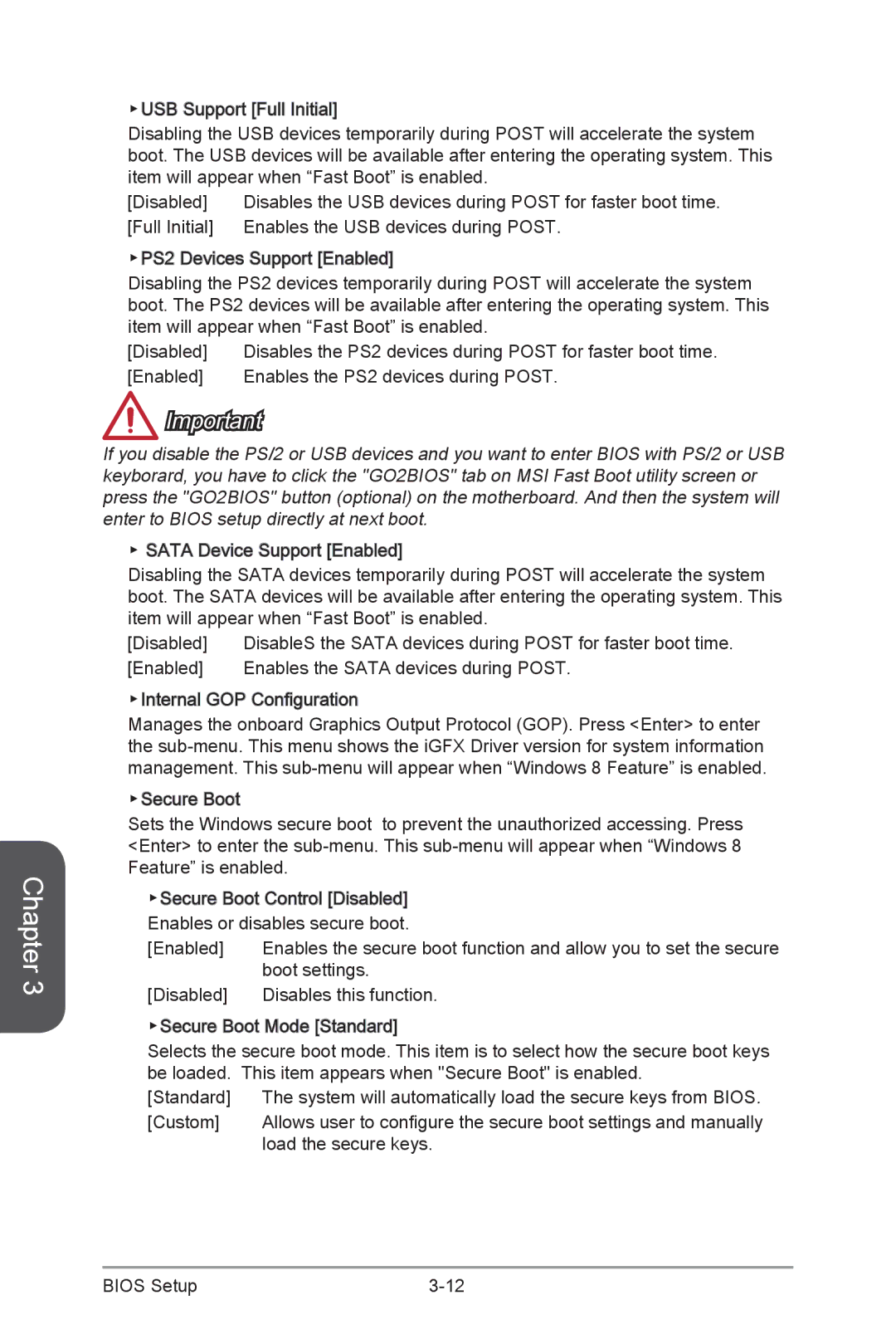 MSI Z87-MPOWER-MAX manual Enabled Enables the PS2 devices during Post, Boot settings, Custom, Load the secure keys 