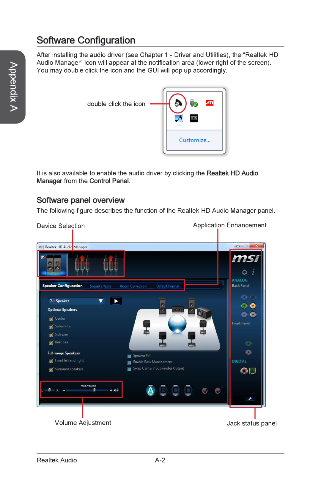 MSI Z87-MPOWER-MAX manual Software Configuration, Software panel overview, Realtek Audio 