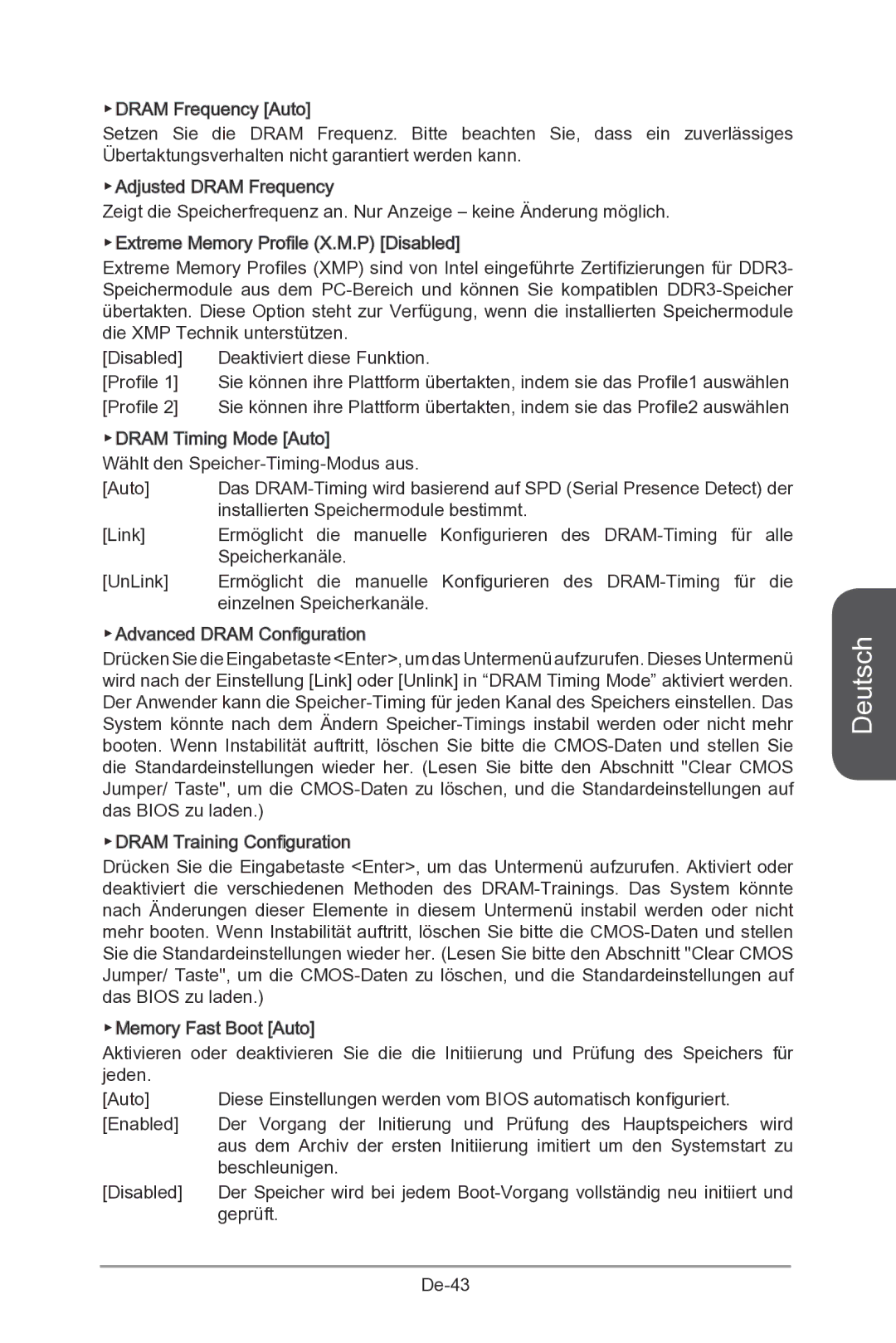 MSI Z87-MPOWER-SP manual Dram Timing Mode Auto Wählt den Speicher-Timing-Modus aus 