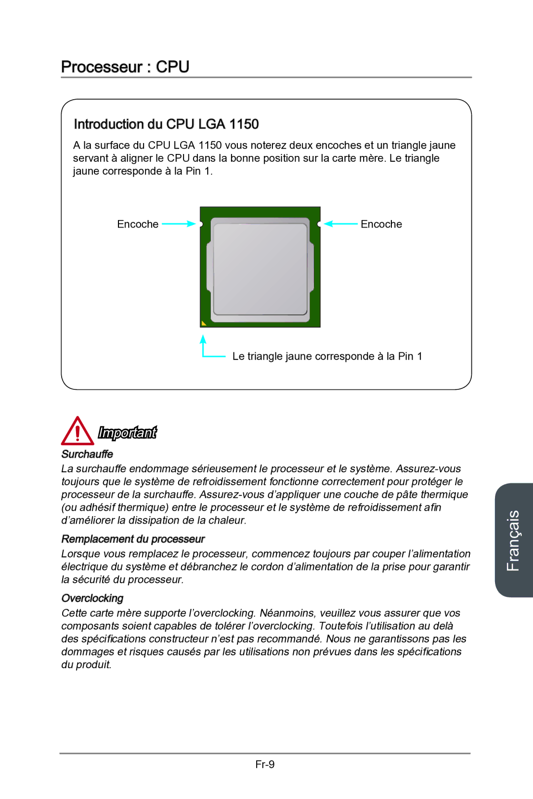 MSI Z87-MPOWER-SP manual Processeur CPU, Introduction du CPU LGA 