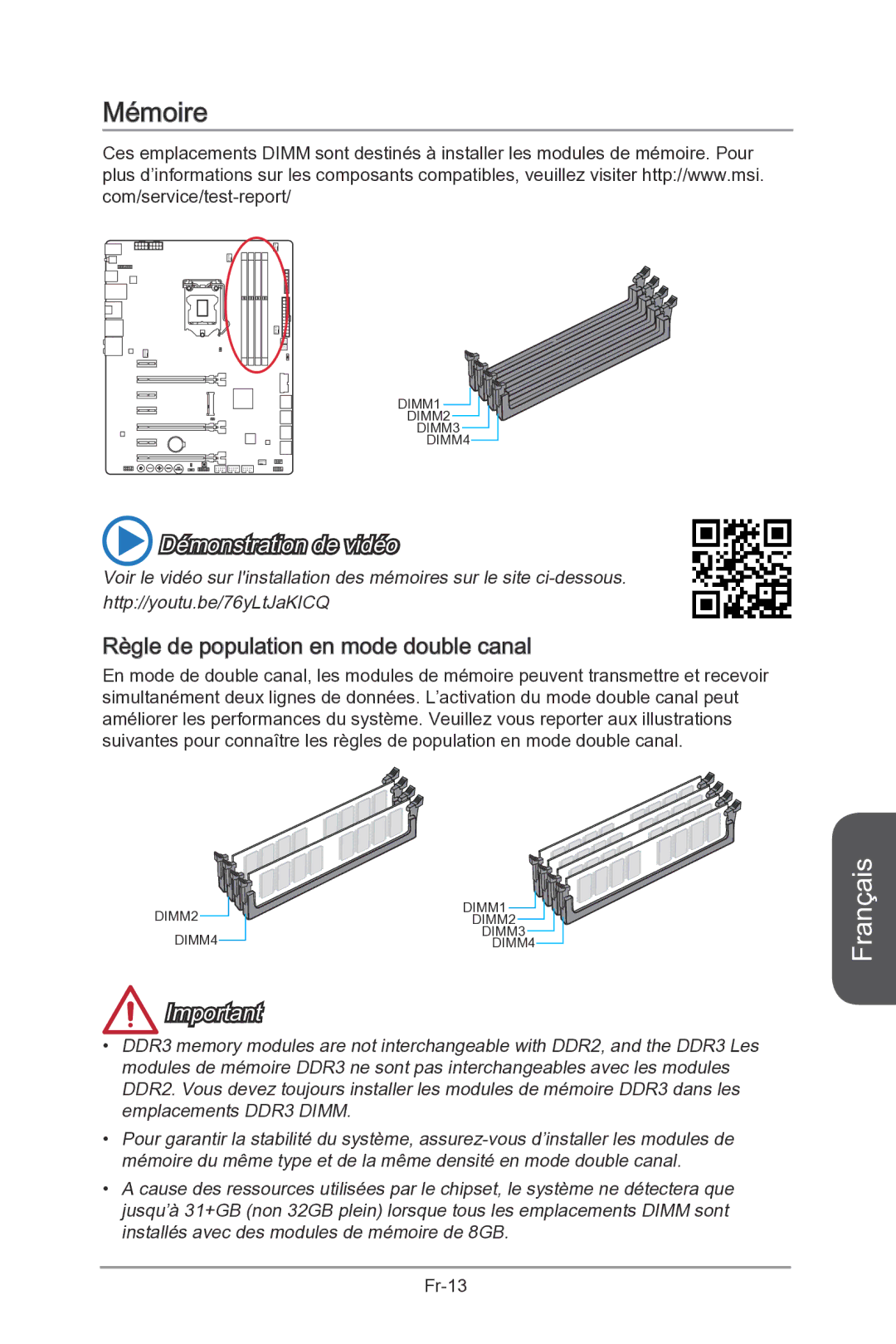 MSI Z87-MPOWER-SP manual Mémoire, Règle de population en mode double canal 