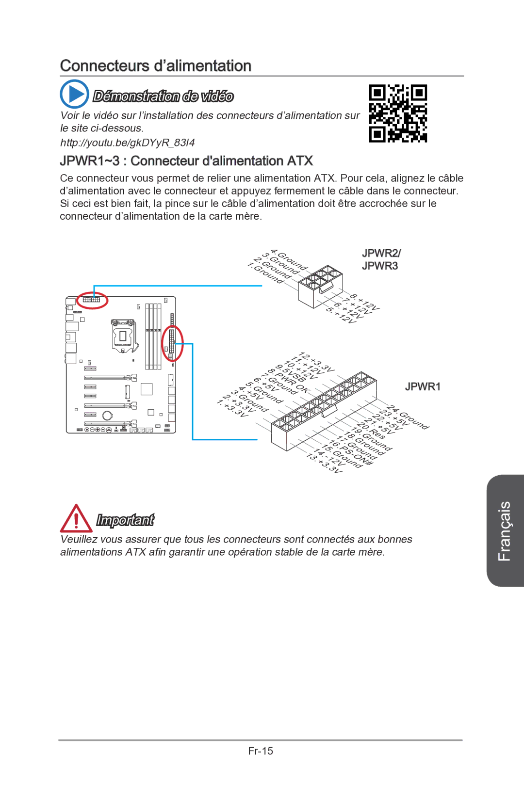 MSI Z87-MPOWER-SP manual Connecteurs d’alimentation, JPWR1~3 Connecteur dalimentation ATX 