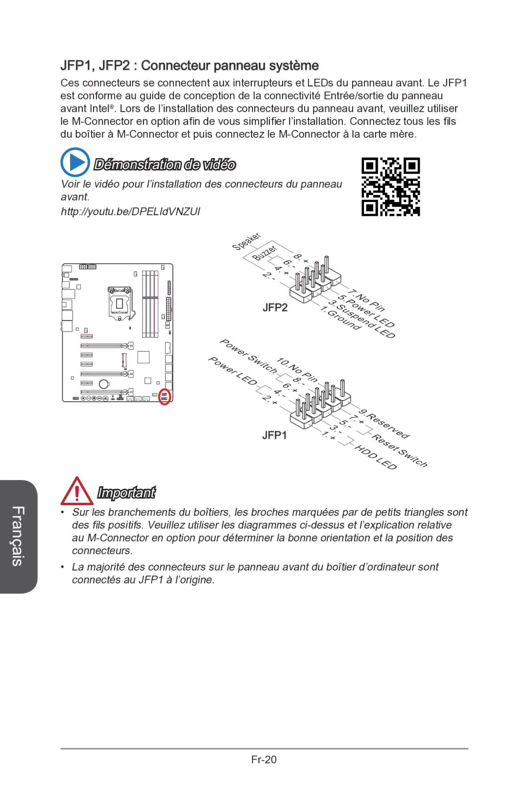 MSI Z87-MPOWER-SP manual JFP1, JFP2 Connecteur panneau système 