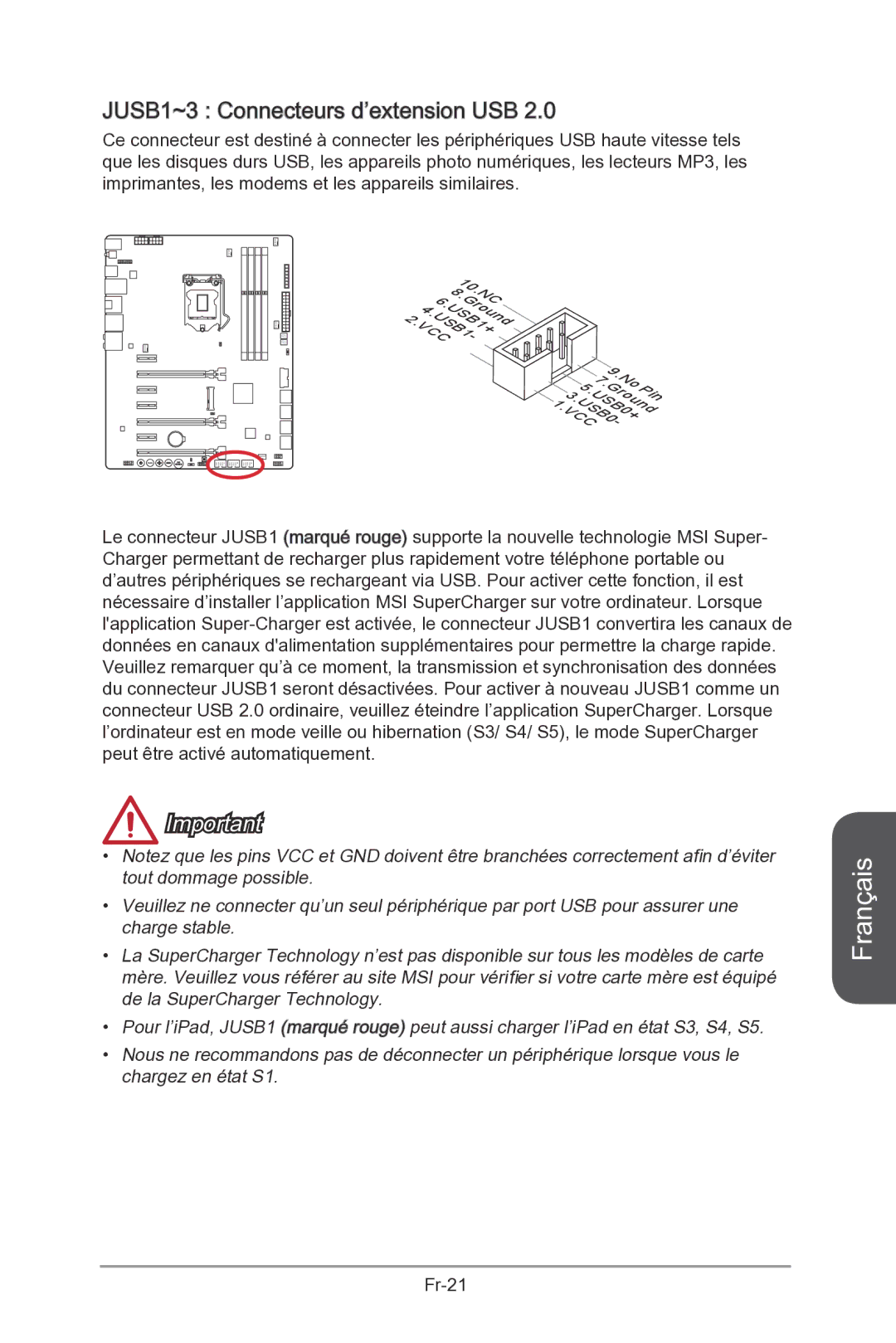 MSI Z87-MPOWER-SP manual JUSB1~3 Connecteurs d’extension USB 