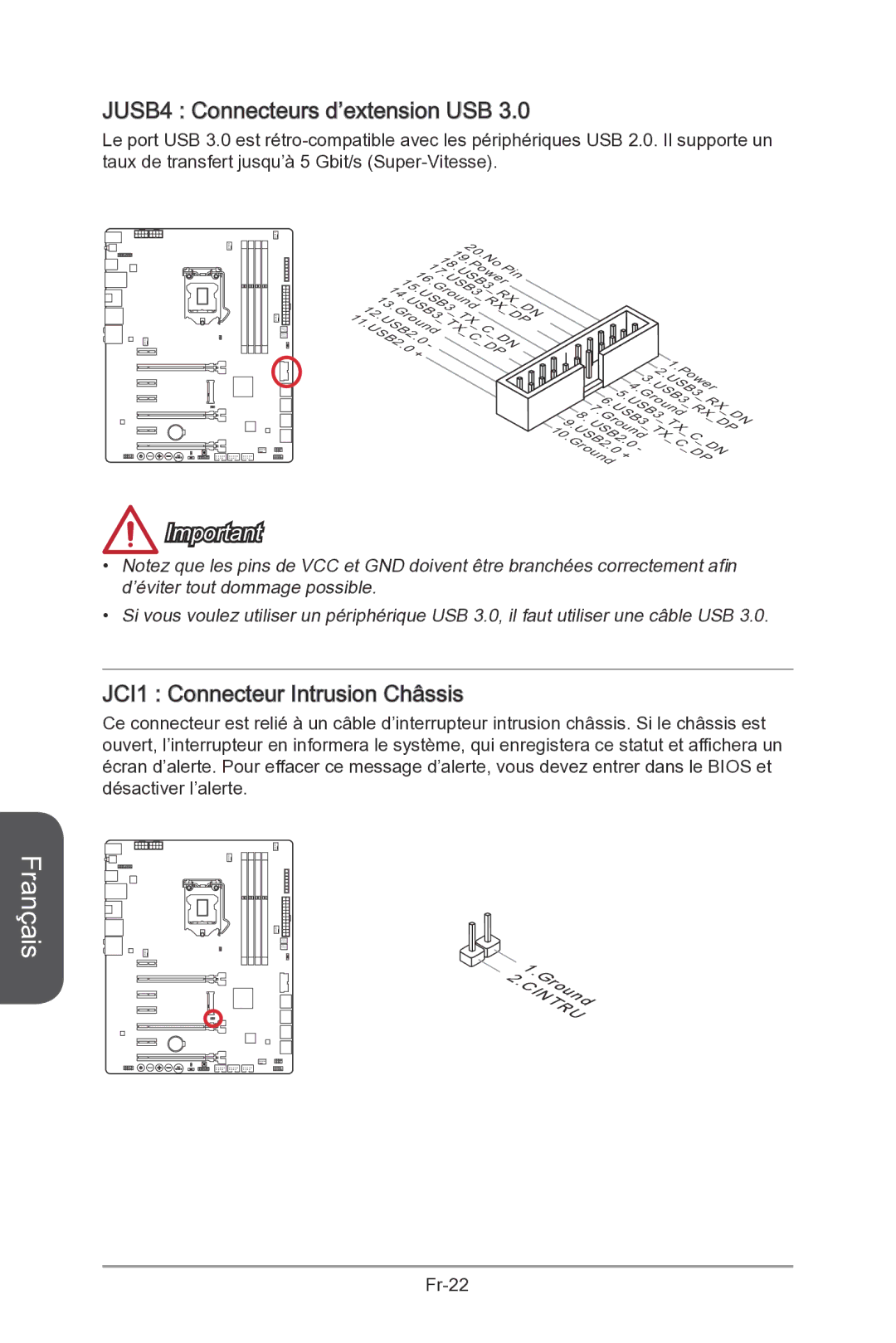 MSI Z87-MPOWER-SP manual JUSB4 Connecteurs d’extension USB, JCI1 Connecteur Intrusion Châssis 