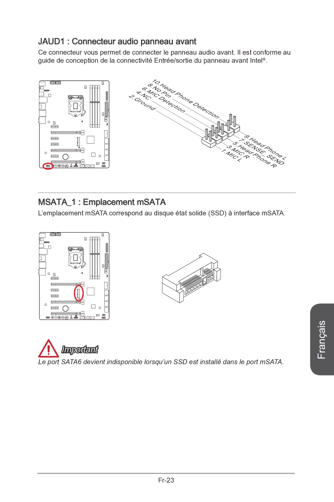 MSI Z87-MPOWER-SP manual JAUD1 Connecteur audio panneau avant, MSATA1 Emplacement mSATA 