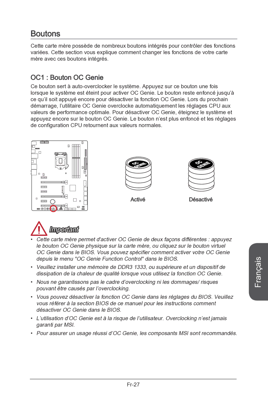 MSI Z87-MPOWER-SP manual Boutons, OC1 Bouton OC Genie 