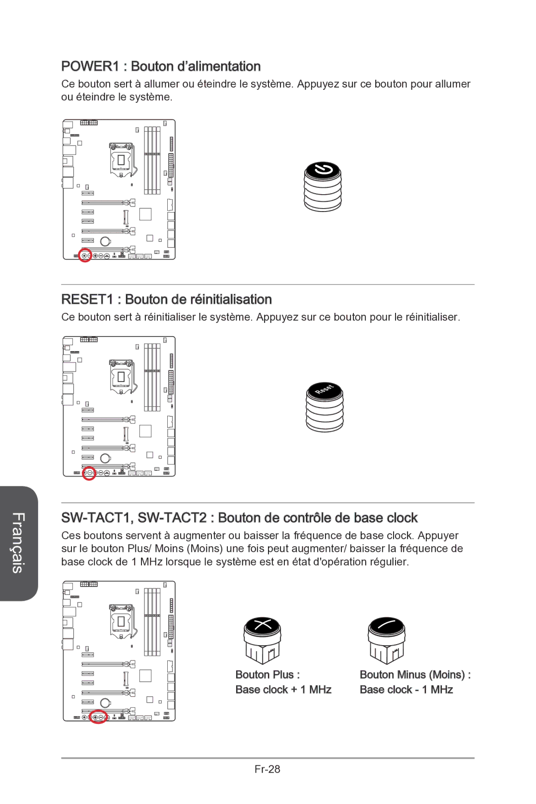 MSI Z87-MPOWER-SP manual POWER1 Bouton d’alimentation, RESET1 Bouton de réinitialisation 