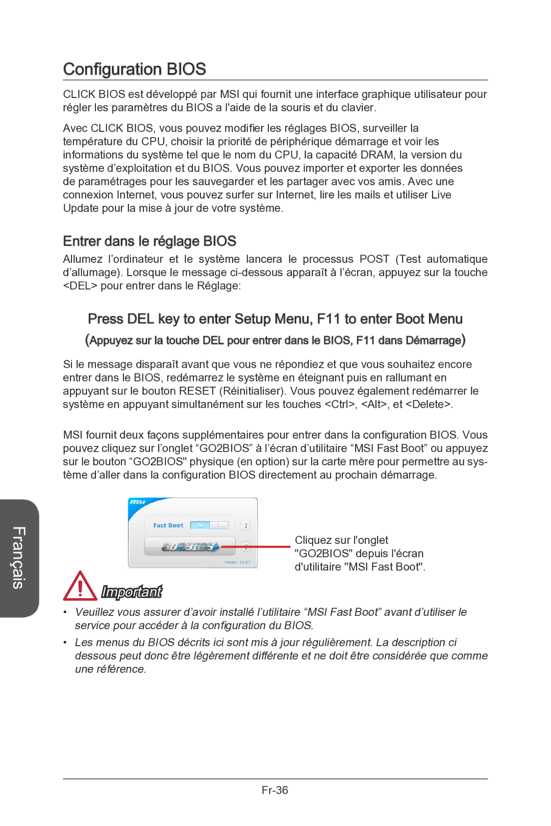 MSI Z87-MPOWER-SP manual Configuration Bios, Entrer dans le réglage Bios 