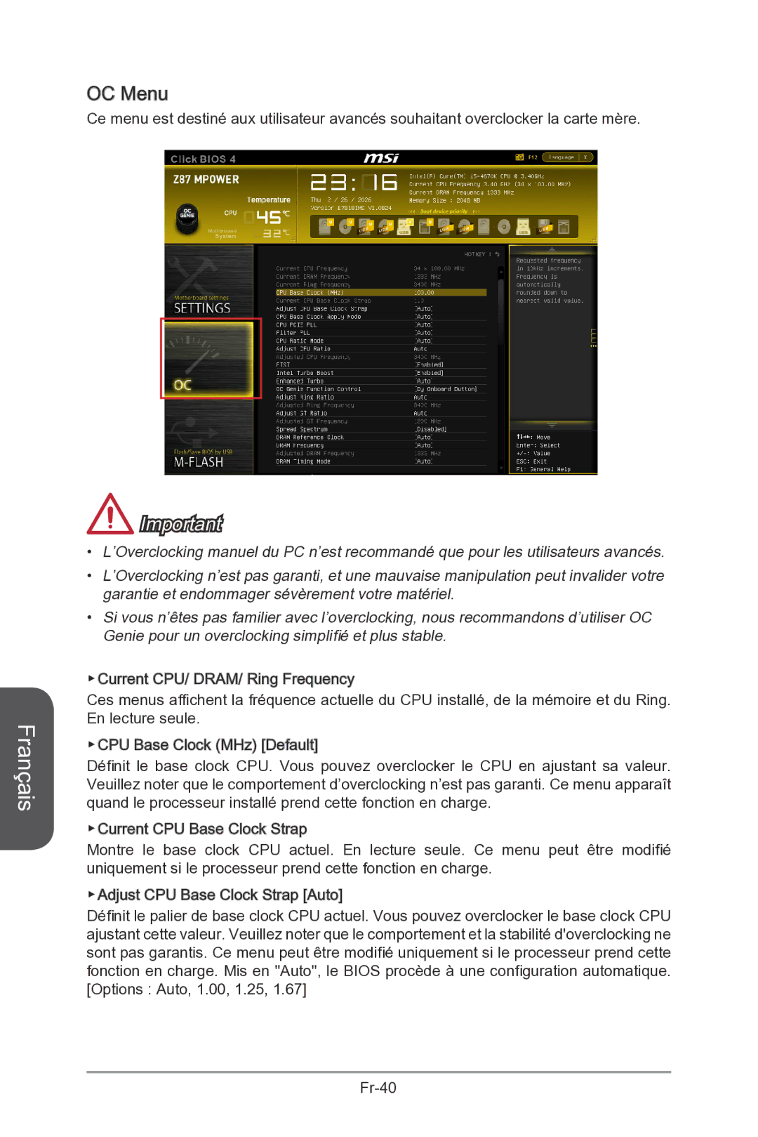 MSI Z87-MPOWER-SP manual OC Menu 