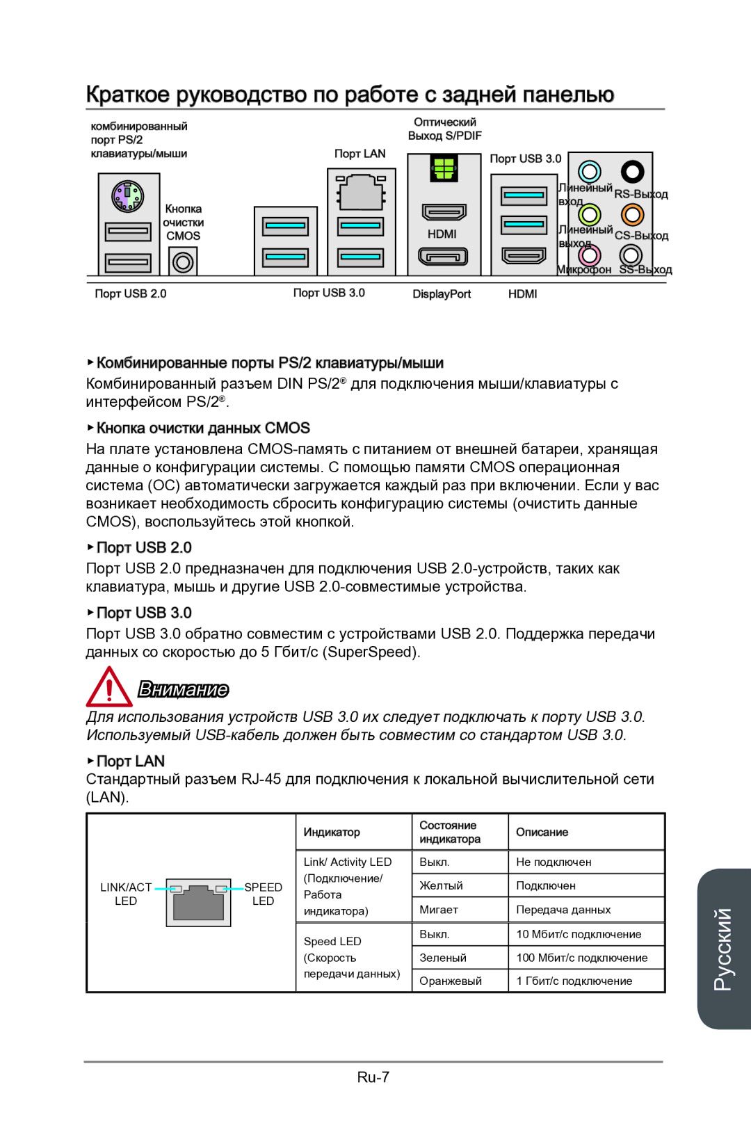 MSI Z87-MPOWER-SP manual Краткое руководство по работе с задней панелью, Внимание 