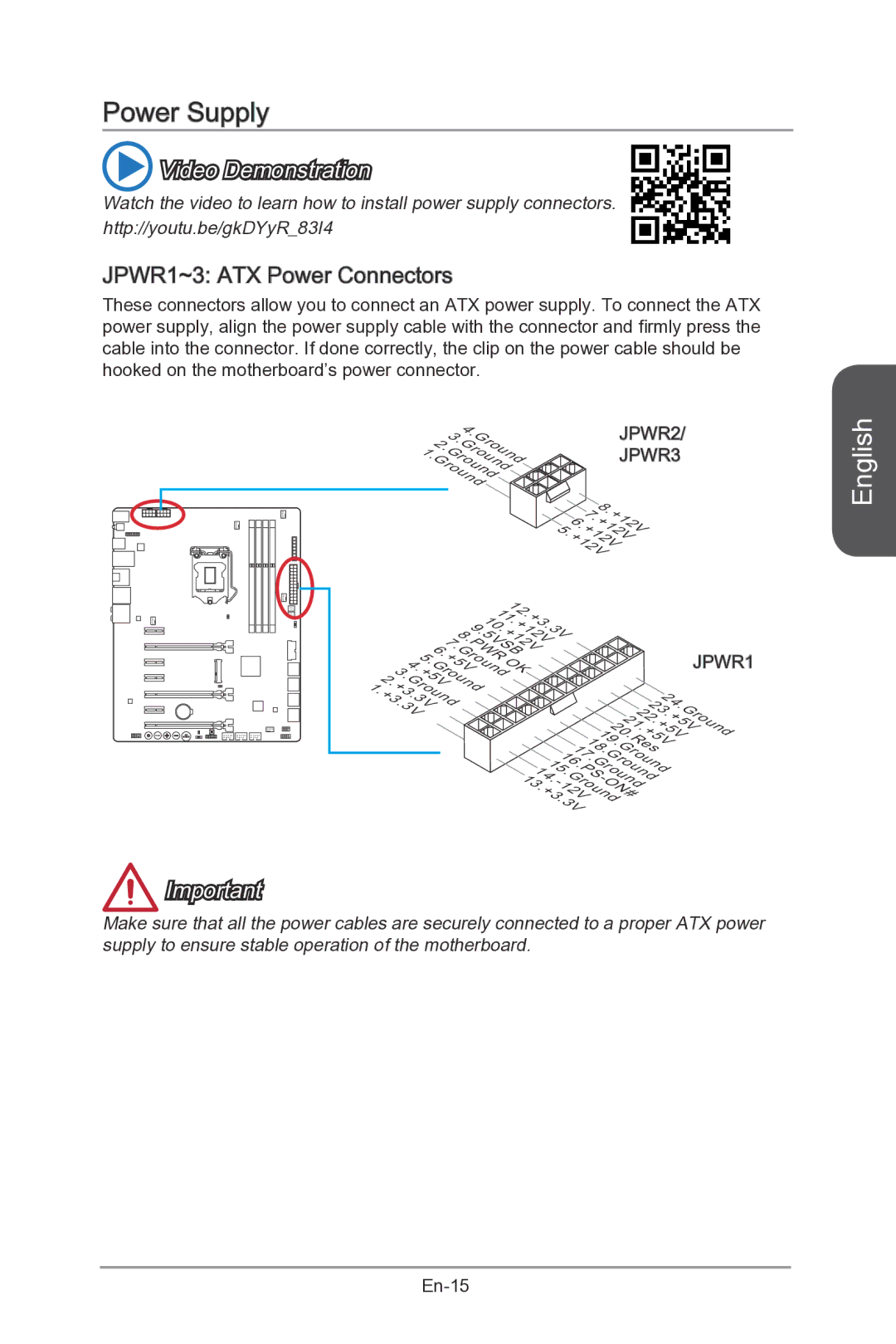 MSI Z87-MPOWER-SP manual Power Supply, JPWR1~3 ATX Power Connectors 