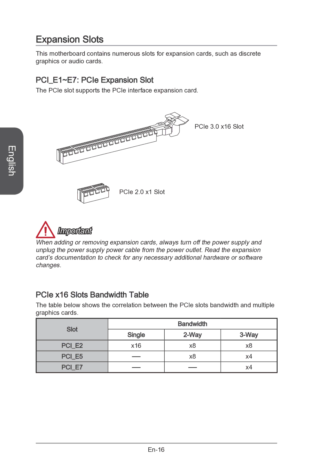 MSI Z87-MPOWER-SP manual Expansion Slots, PCIE1 ~E7 PCIe Expansion Slot, PCIe x16 Slots Bandwidth Table 