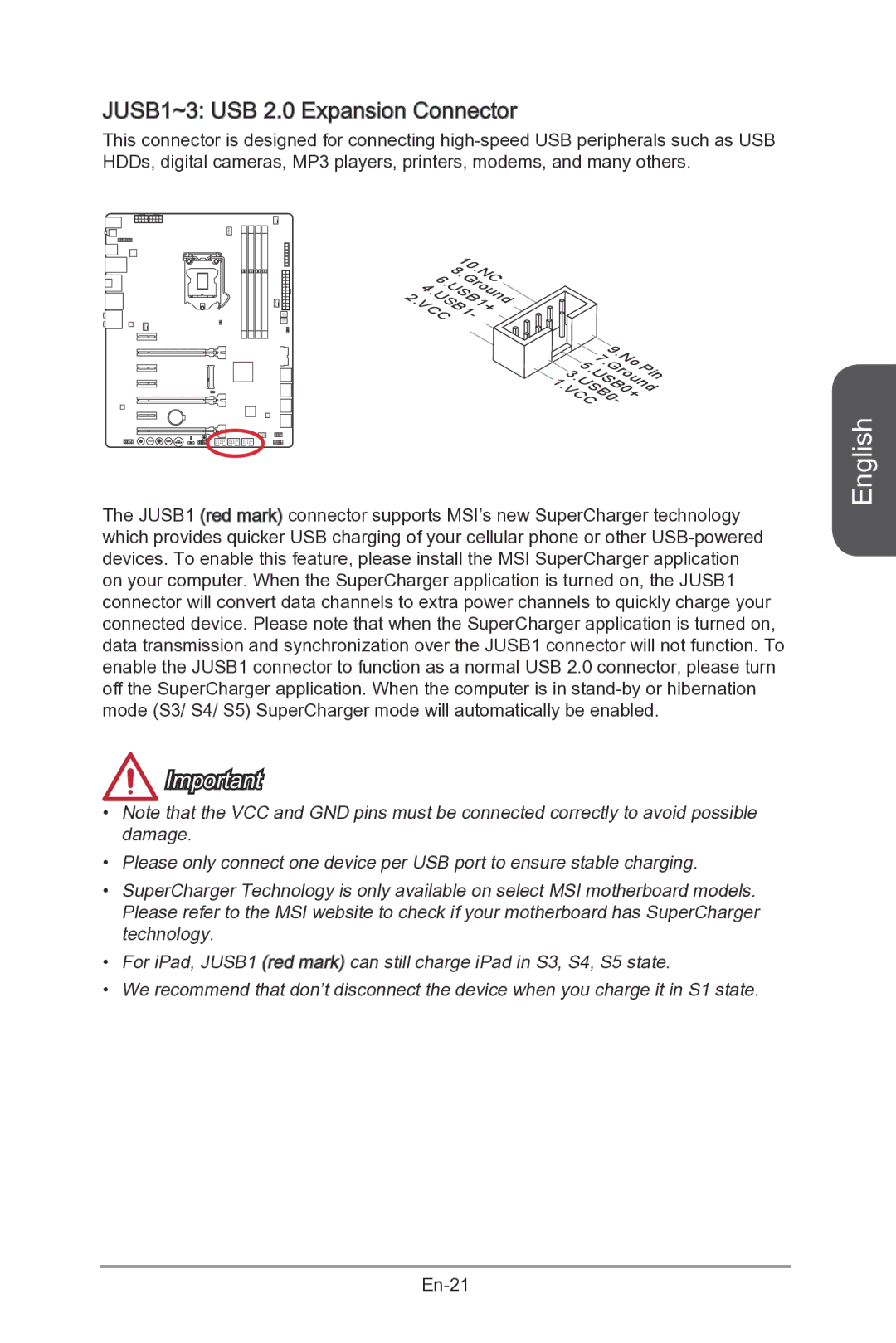 MSI Z87-MPOWER-SP manual JUSB1~3 USB 2.0 Expansion Connector 