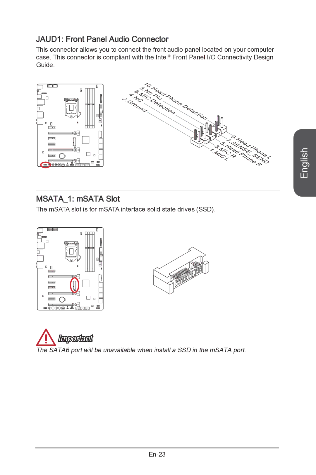 MSI Z87-MPOWER-SP manual JAUD1 Front Panel Audio Connector, MSATA1 mSATA Slot 