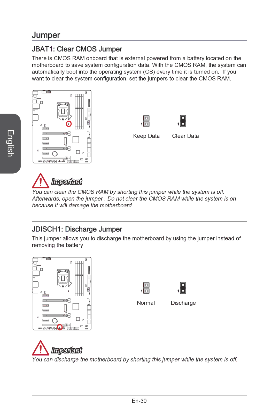 MSI Z87-MPOWER-SP manual JBAT1 Clear Cmos Jumper, JDISCH1 Discharge Jumper 