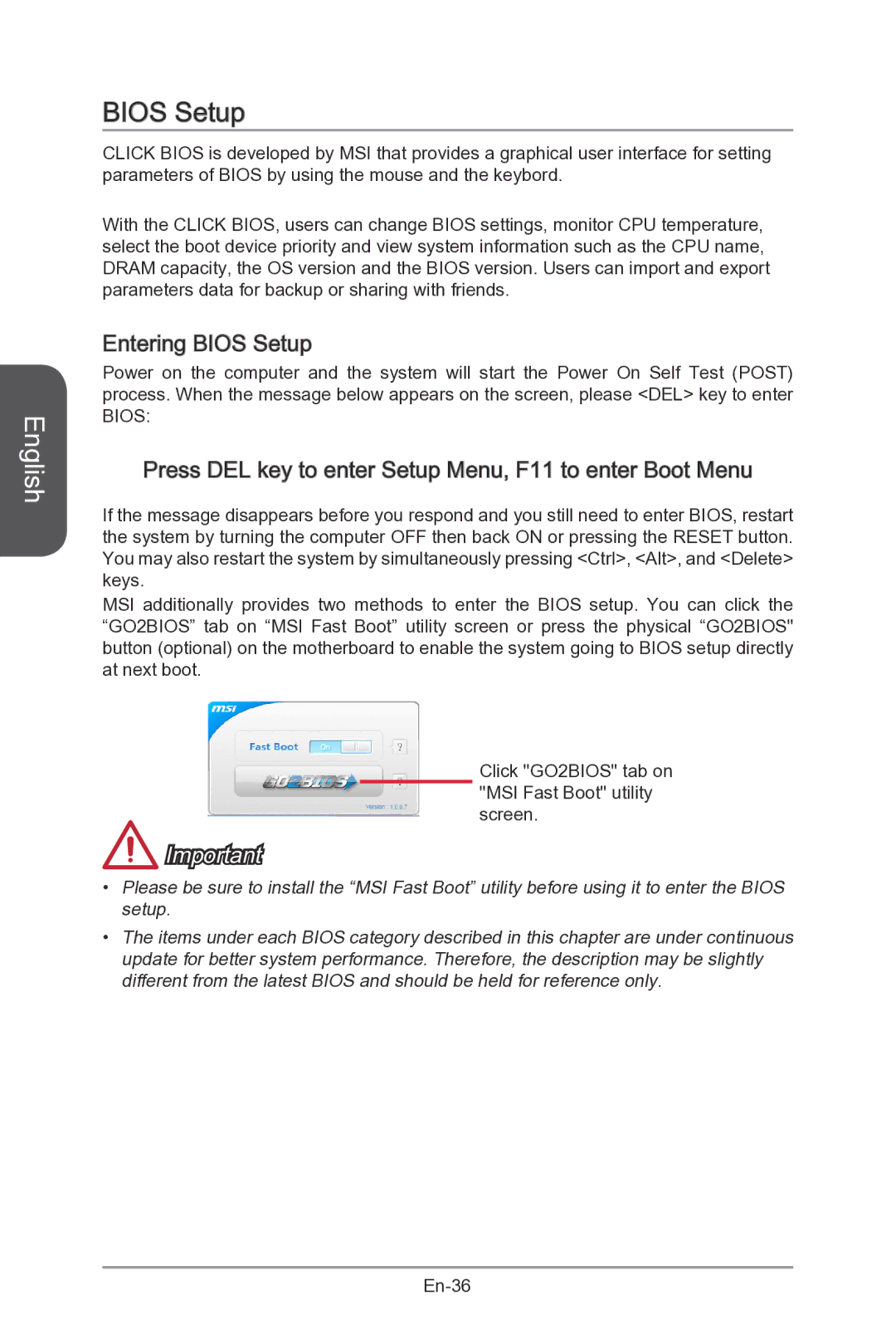 MSI Z87-MPOWER-SP manual Entering Bios Setup, Press DEL key to enter Setup Menu, F11 to enter Boot Menu 