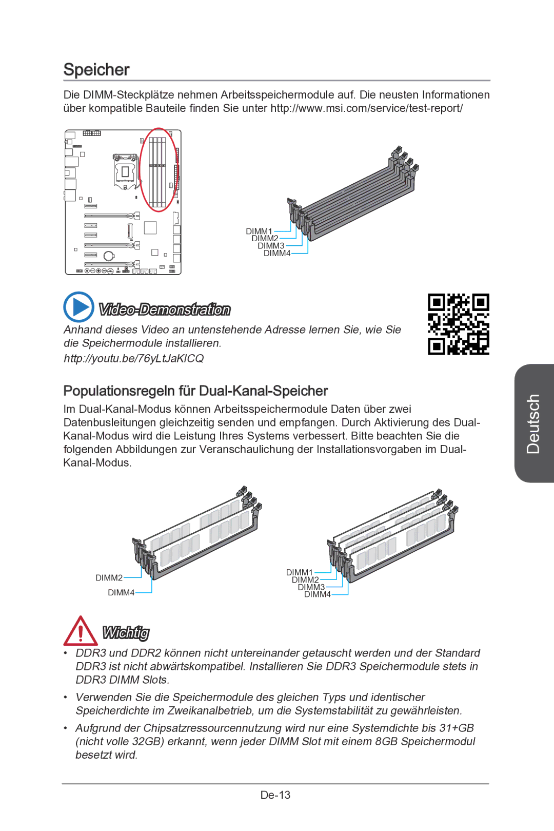 MSI Z87-MPOWER-SP manual Populationsregeln für Dual -Kanal -Speicher 