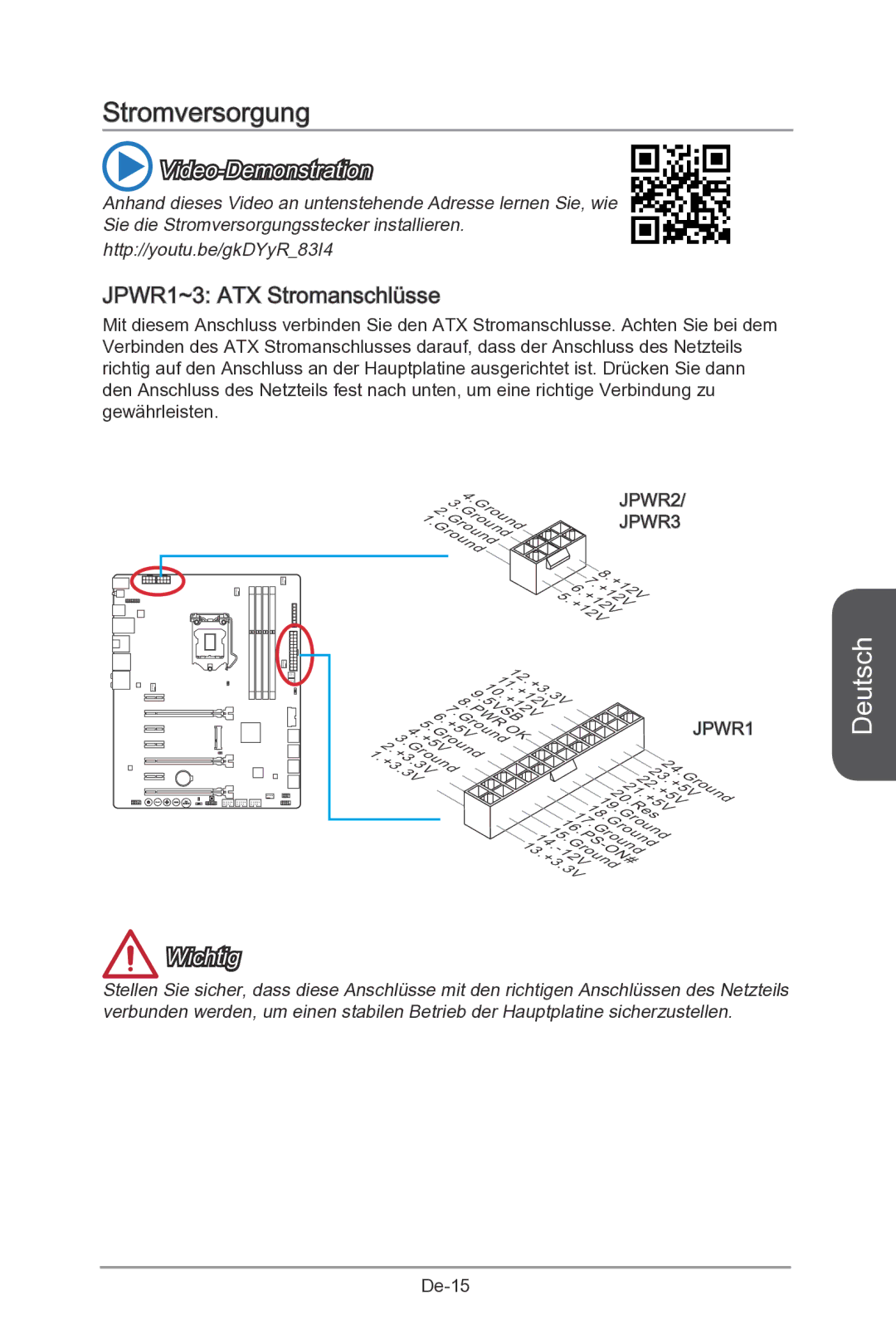 MSI Z87-MPOWER-SP manual Stromversorgung, JPWR1~3 ATX Stromanschlüsse 