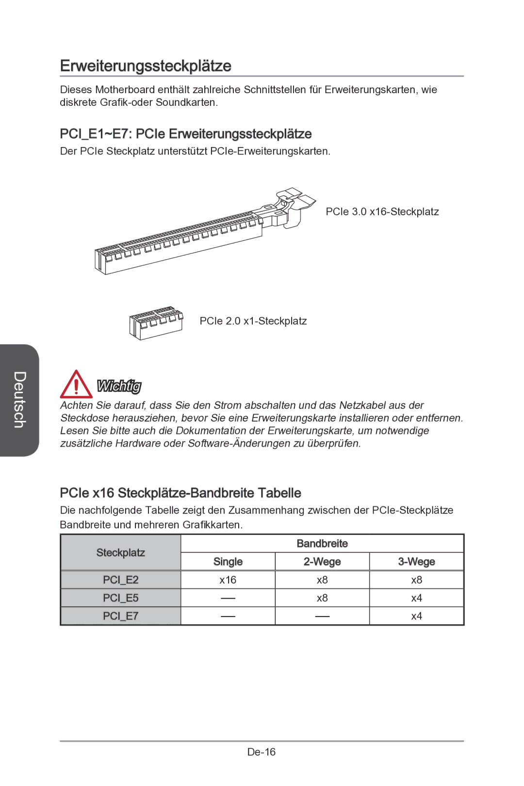 MSI Z87-MPOWER-SP manual PCIE1 ~E7 PCIe Erweiterungssteckplätze, PCIe x16 Steckplätze-Bandbreite Tabelle 