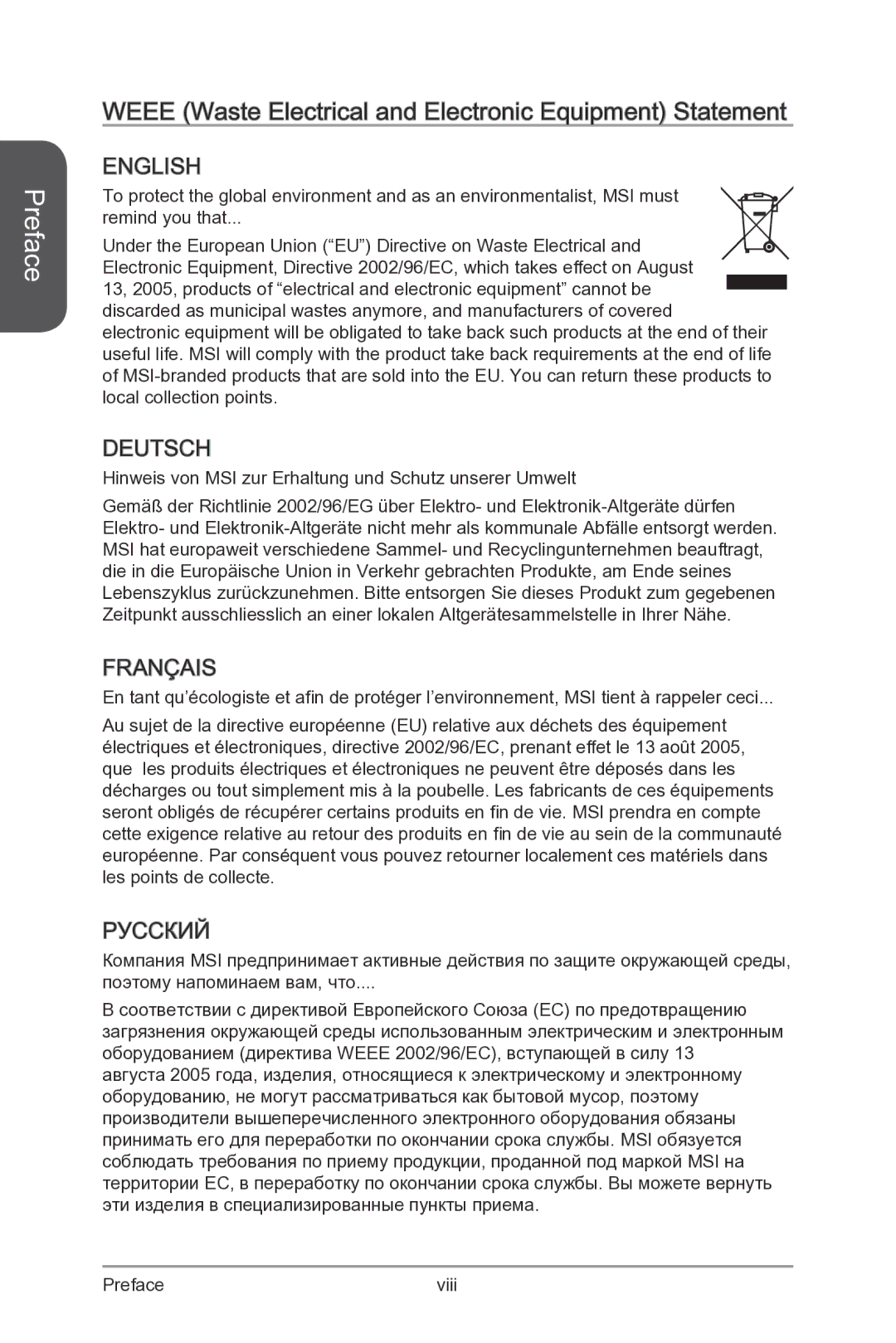 MSI Z87-MPOWER-SP manual Weee Waste Electrical and Electronic Equipment Statement 