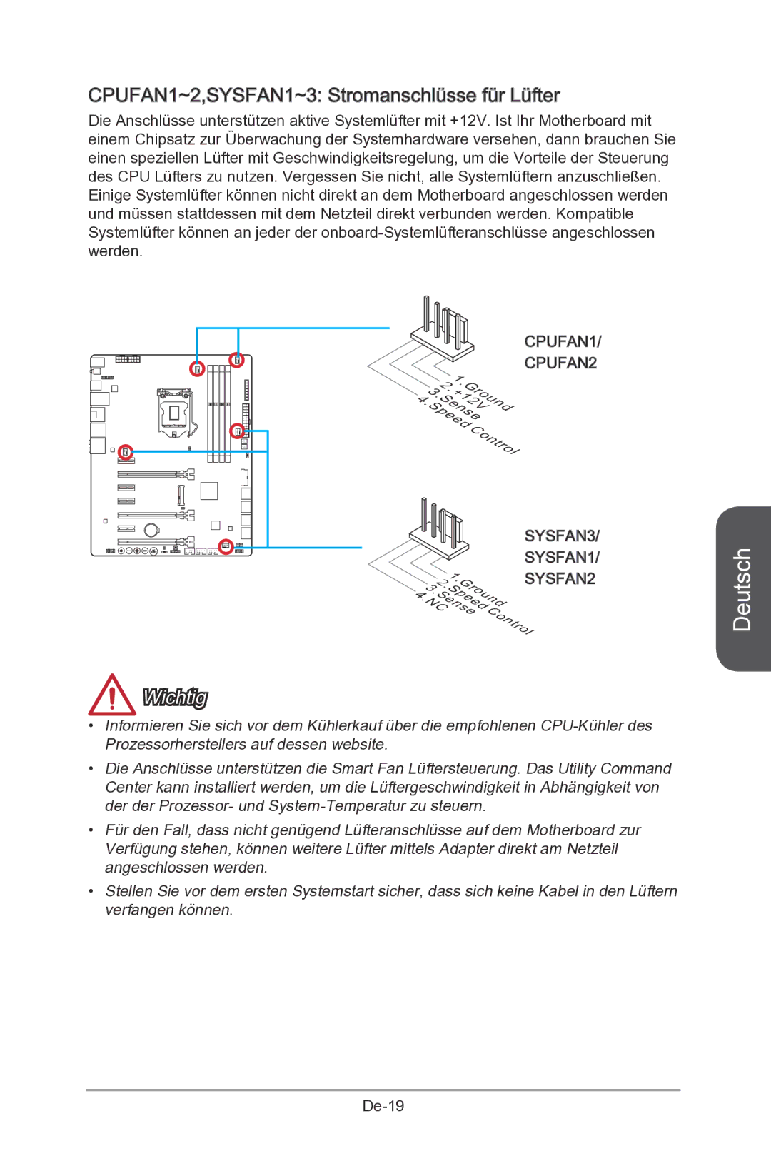 MSI Z87-MPOWER-SP manual CPUFAN1~2,SYSFAN1~3 Stromanschlüsse für Lüfter 