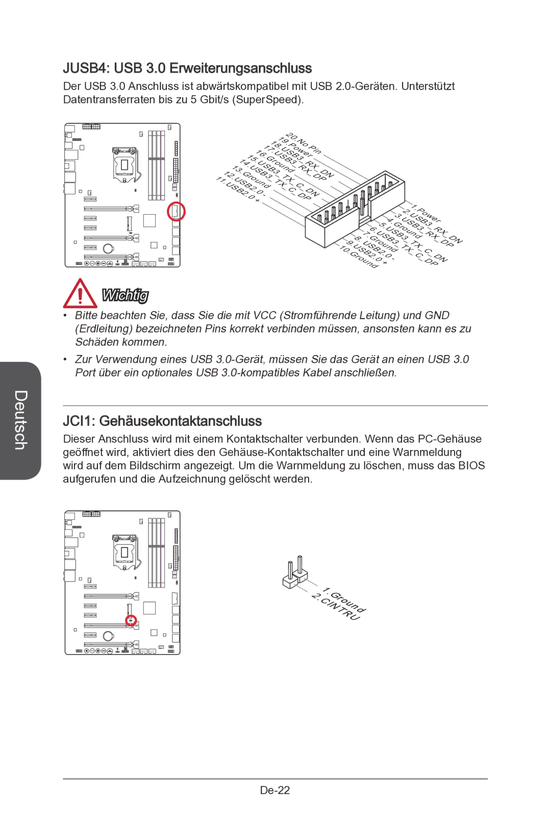 MSI Z87-MPOWER-SP manual JUSB4 USB 3.0 Erweiterungsanschluss, JCI1 Gehäusekontaktanschluss 