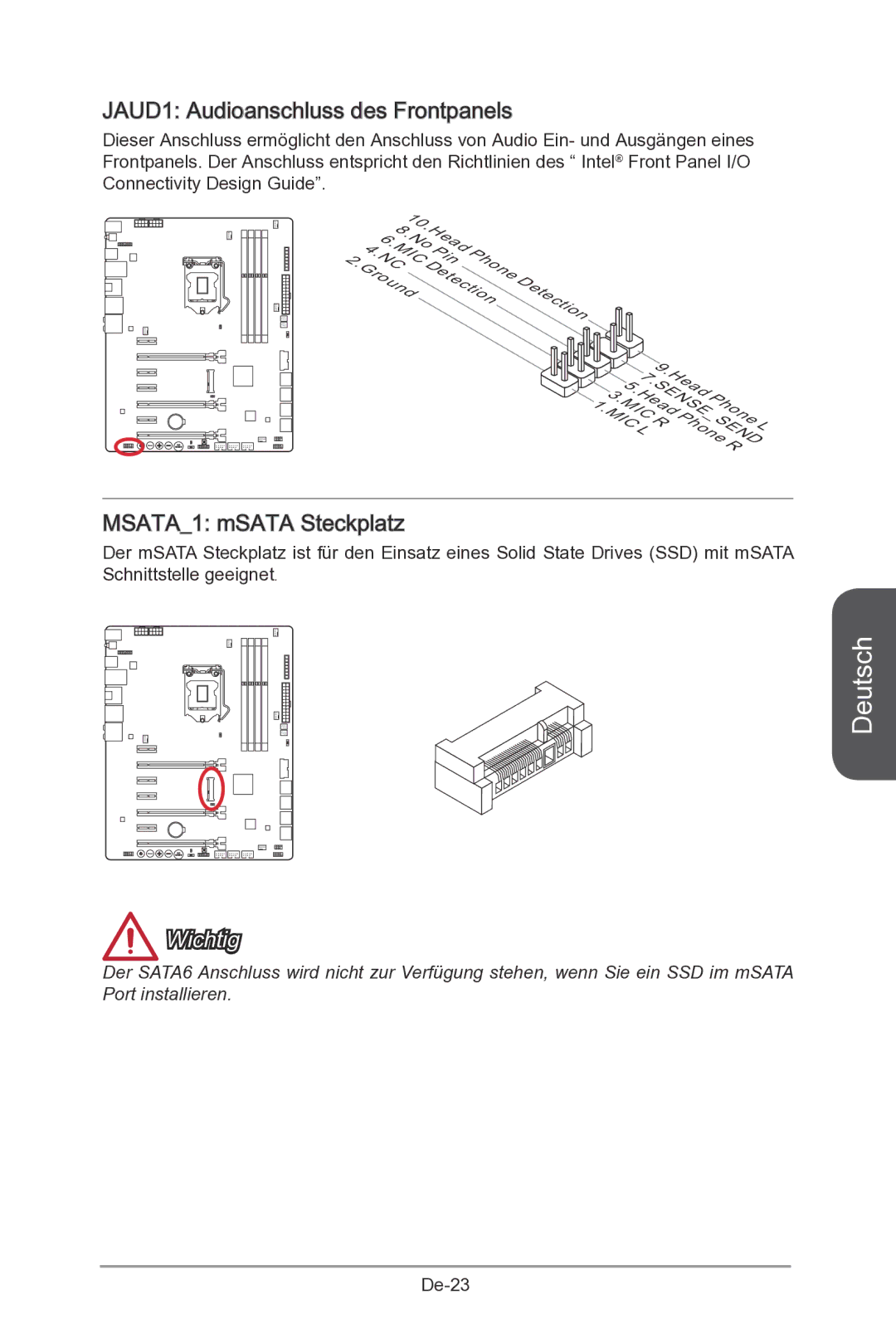 MSI Z87-MPOWER-SP manual JAUD1 Audioanschluss des Frontpanels, MSATA1 mSATA Steckplatz 