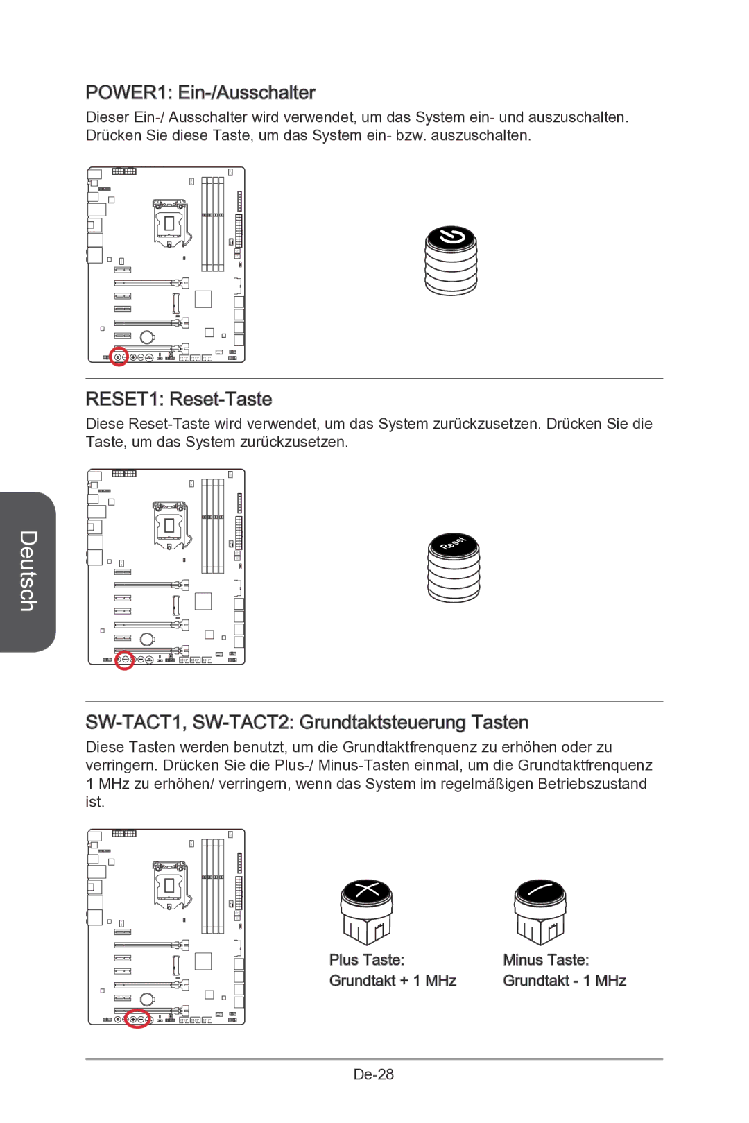 MSI Z87-MPOWER-SP manual POWER1 Ein -/Ausschalter, RESET1 Reset- Taste, SW- TACT1, SW- TACT2 Grundtaktsteuerung Tasten 