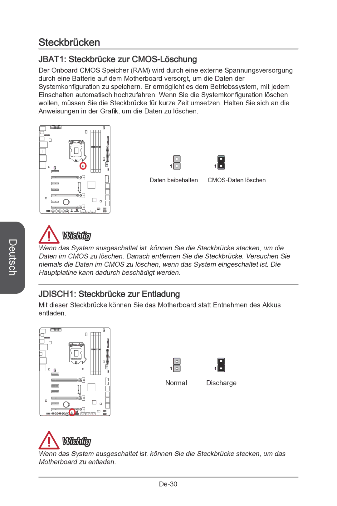 MSI Z87-MPOWER-SP manual Steckbrücken, JBAT1 Steckbrücke zur CMOS-Löschung, JDISCH1 Steckbrücke zur Entladung 