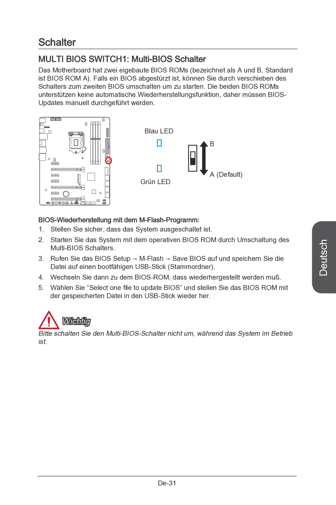 MSI Z87-MPOWER-SP manual Multi Bios SWITCH1 Multi -BIOS Schalter 