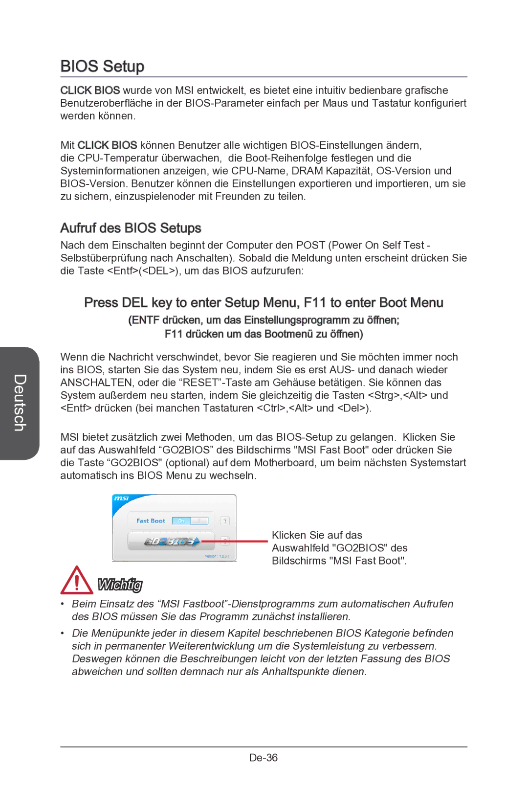 MSI Z87-MPOWER-SP manual Aufruf des Bios Setups 