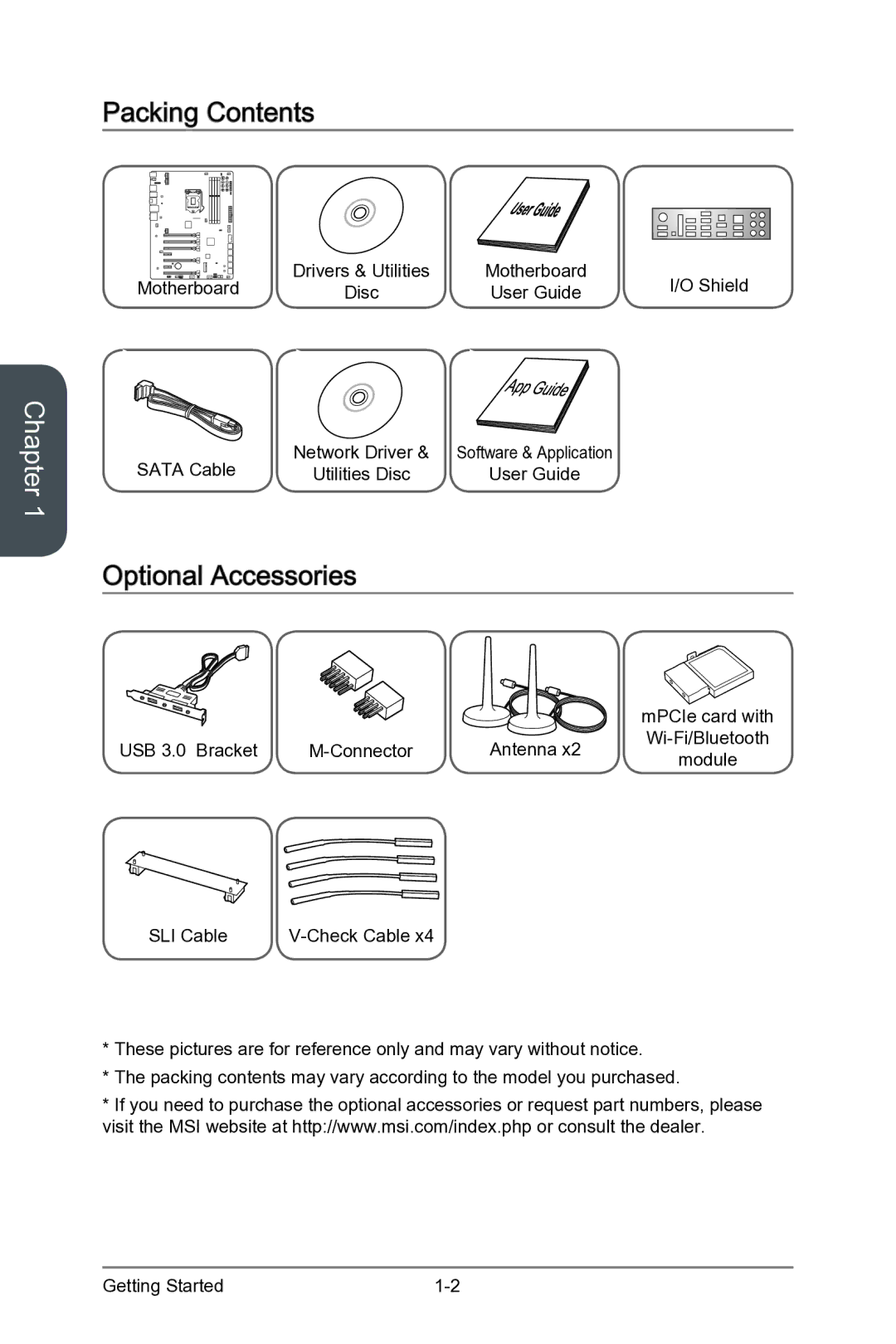 MSI Z87-XPOWER manual Packing Contents, Optional Accessories, Motherboard, Shield, Sata Cable 