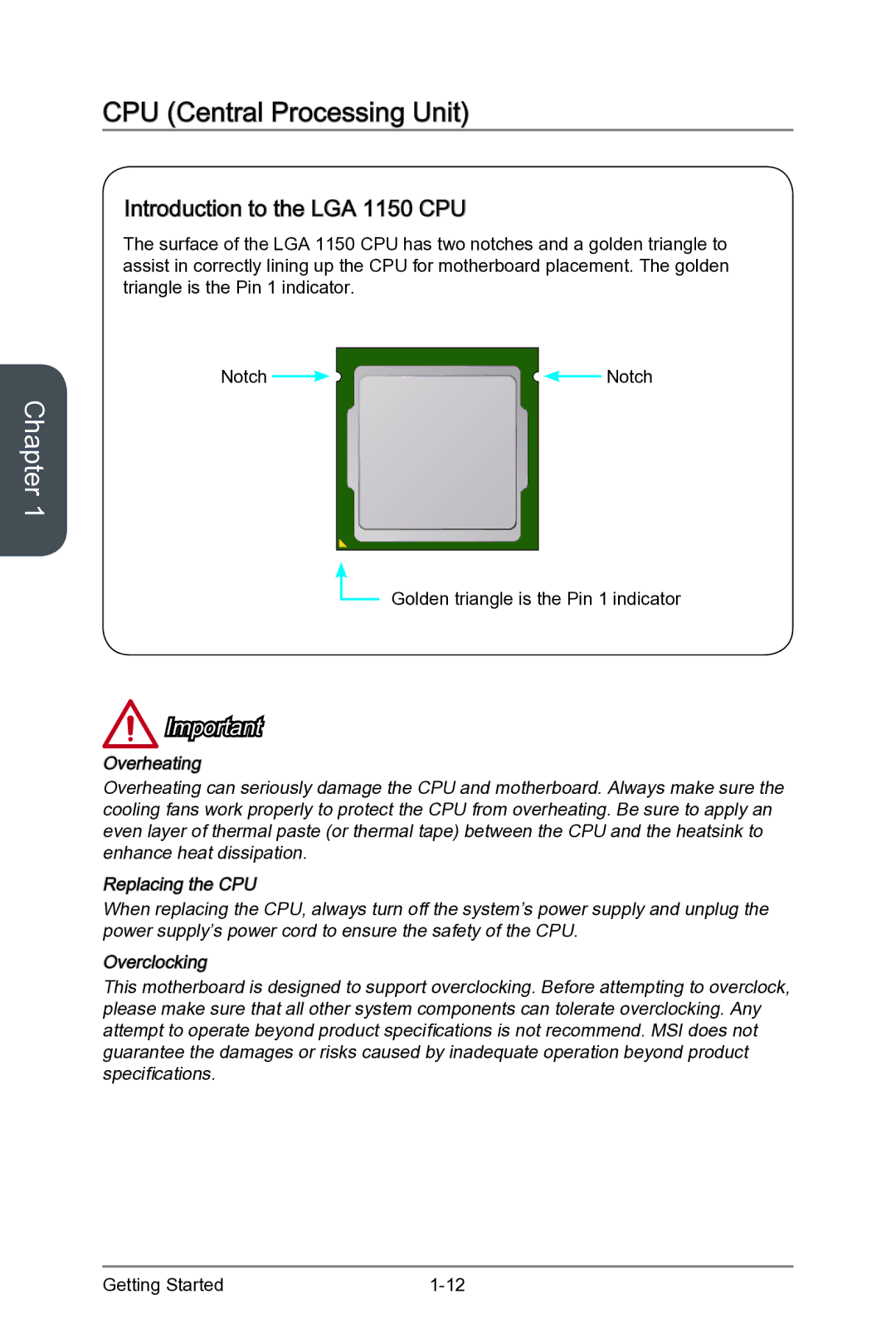 MSI Z87-XPOWER manual CPU Central Processing Unit, Introduction to the LGA 1150 CPU, Golden triangle is the Pin 1 indicator 