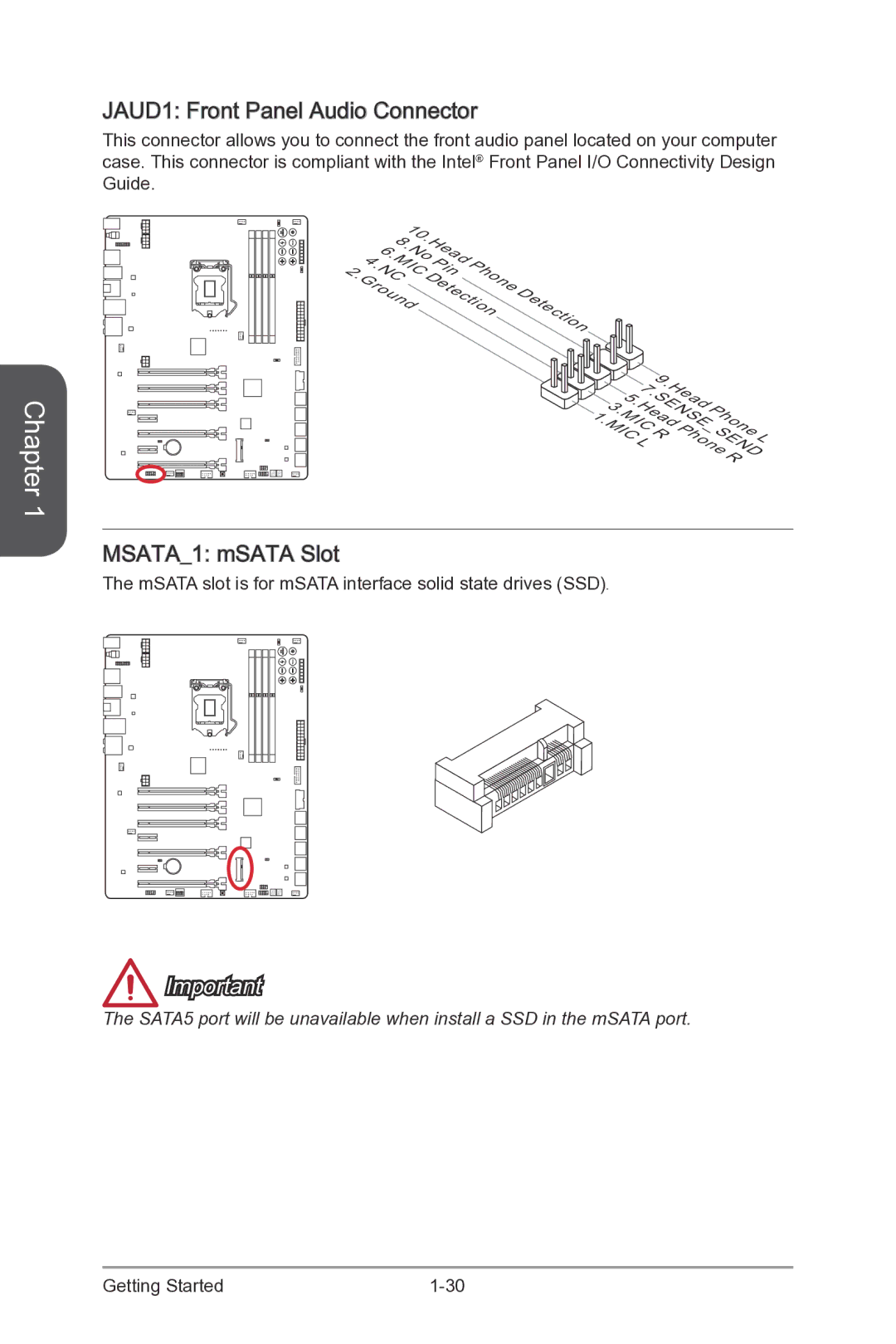 MSI Z87-XPOWER manual JAUD1 Front Panel Audio Connector, MSATA1 mSATA Slot 