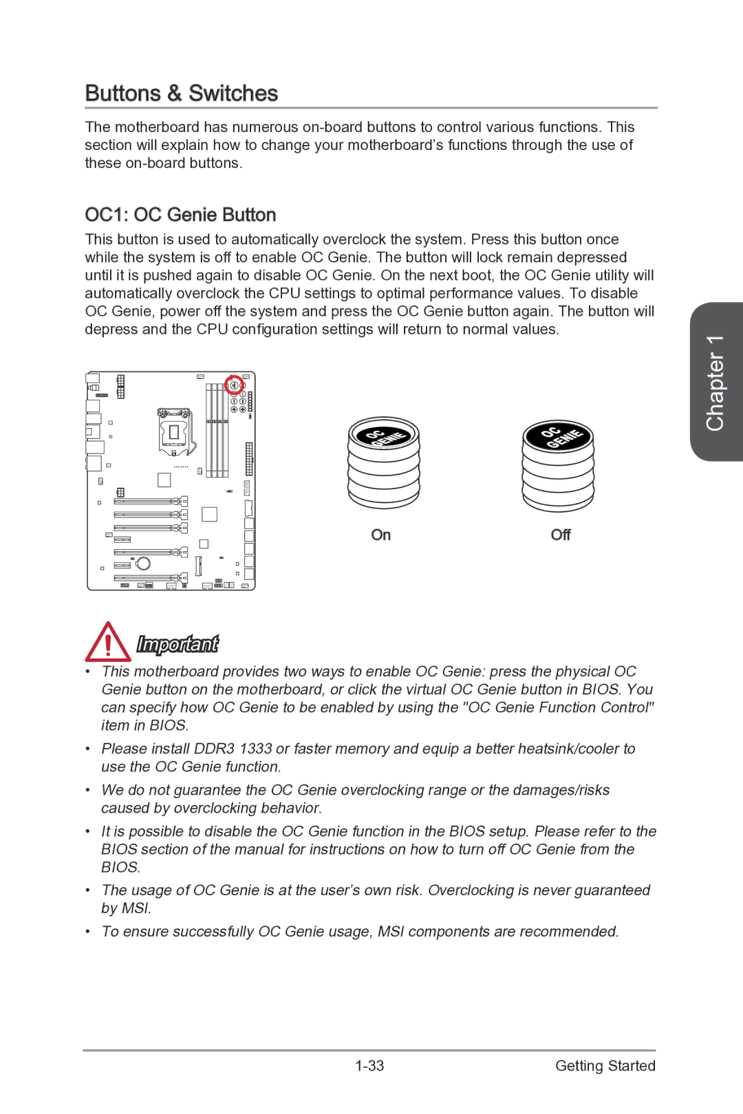 MSI Z87-XPOWER manual Buttons & Switches, OC1 OC Genie Button, OnOff 