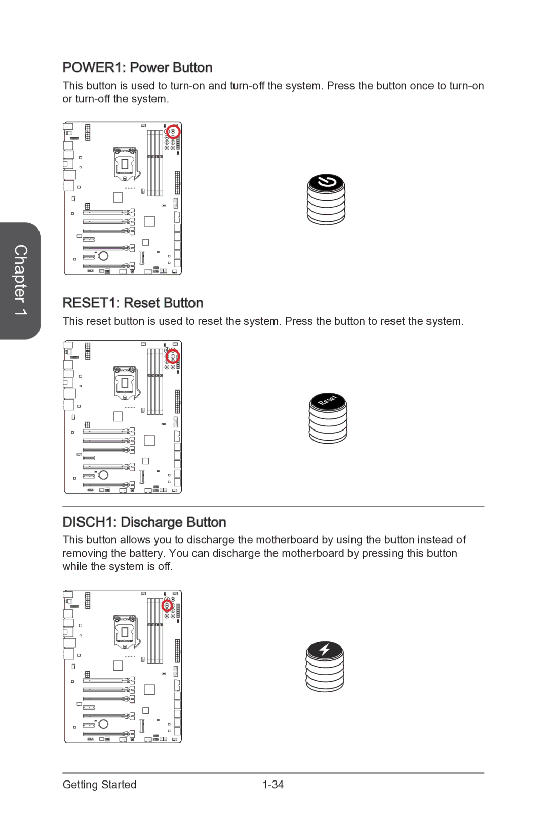 MSI Z87-XPOWER manual POWER1 Power Button, RESET1 Reset Button, DISCH1 Discharge Button 