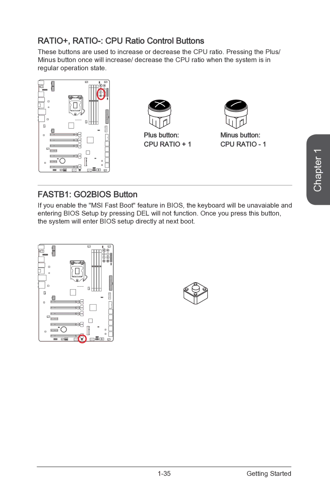 MSI Z87-XPOWER manual RATIO+, RATIO- CPU Ratio Control Buttons, FASTB1 GO2BIOS Button 