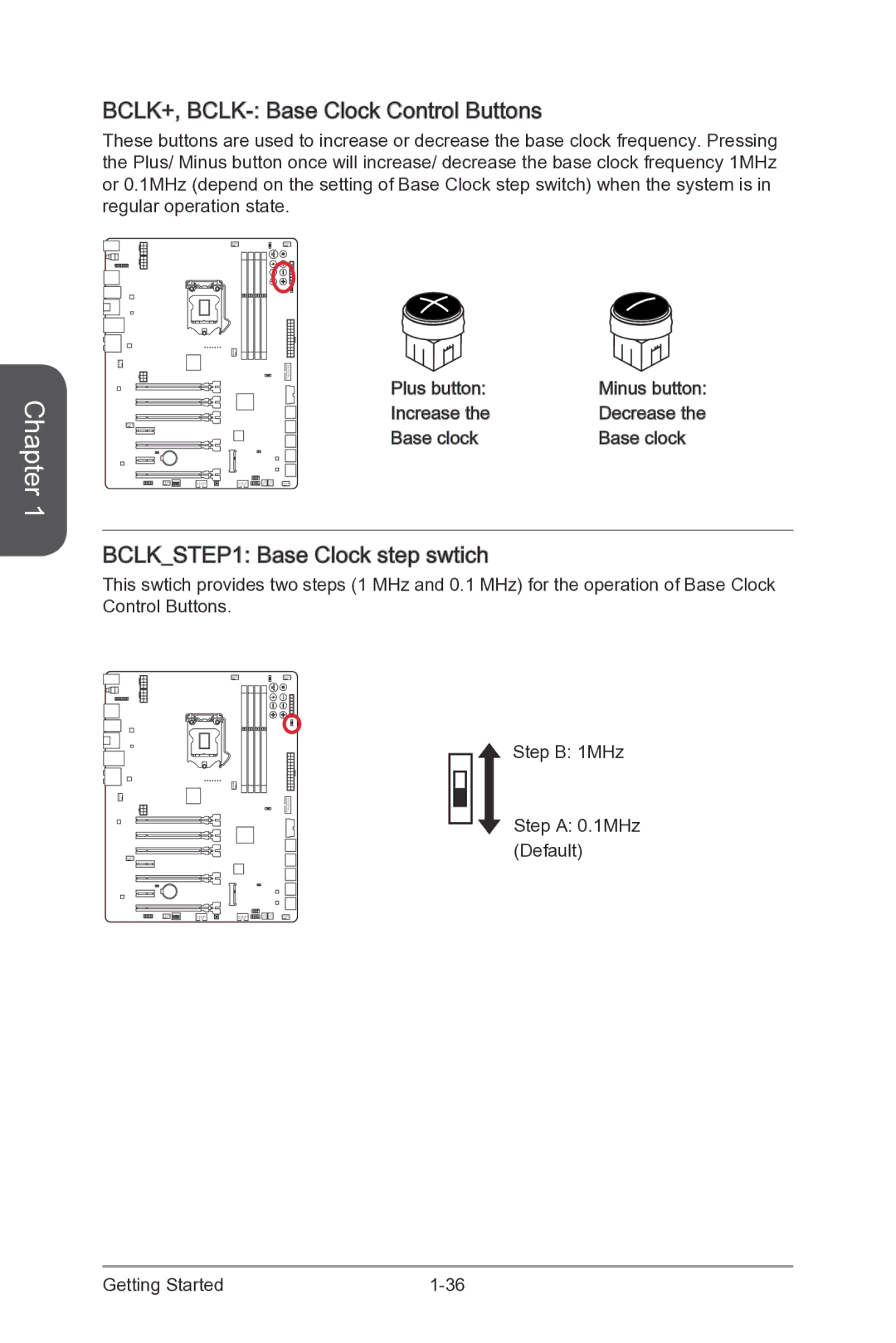 MSI Z87-XPOWER manual BCLK+, BCLK- Base Clock Control Buttons, BCLKSTEP1 Base Clock step swtich, Increase, Base clock 