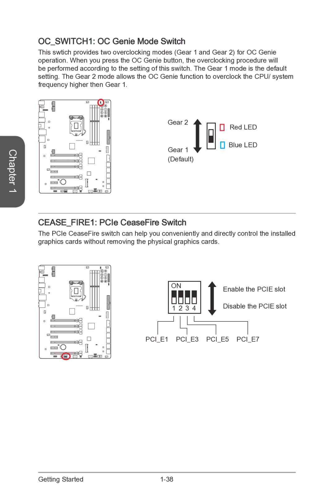 MSI Z87-XPOWER manual OCSWITCH1 OC Genie Mode Switch, Cease FIRE1 PCIe CeaseFire Switch 