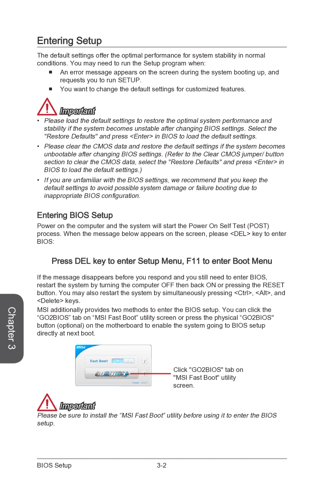 MSI Z87-XPOWER manual Entering Setup, Entering Bios Setup, Press DEL key to enter Setup Menu, F11 to enter Boot Menu 