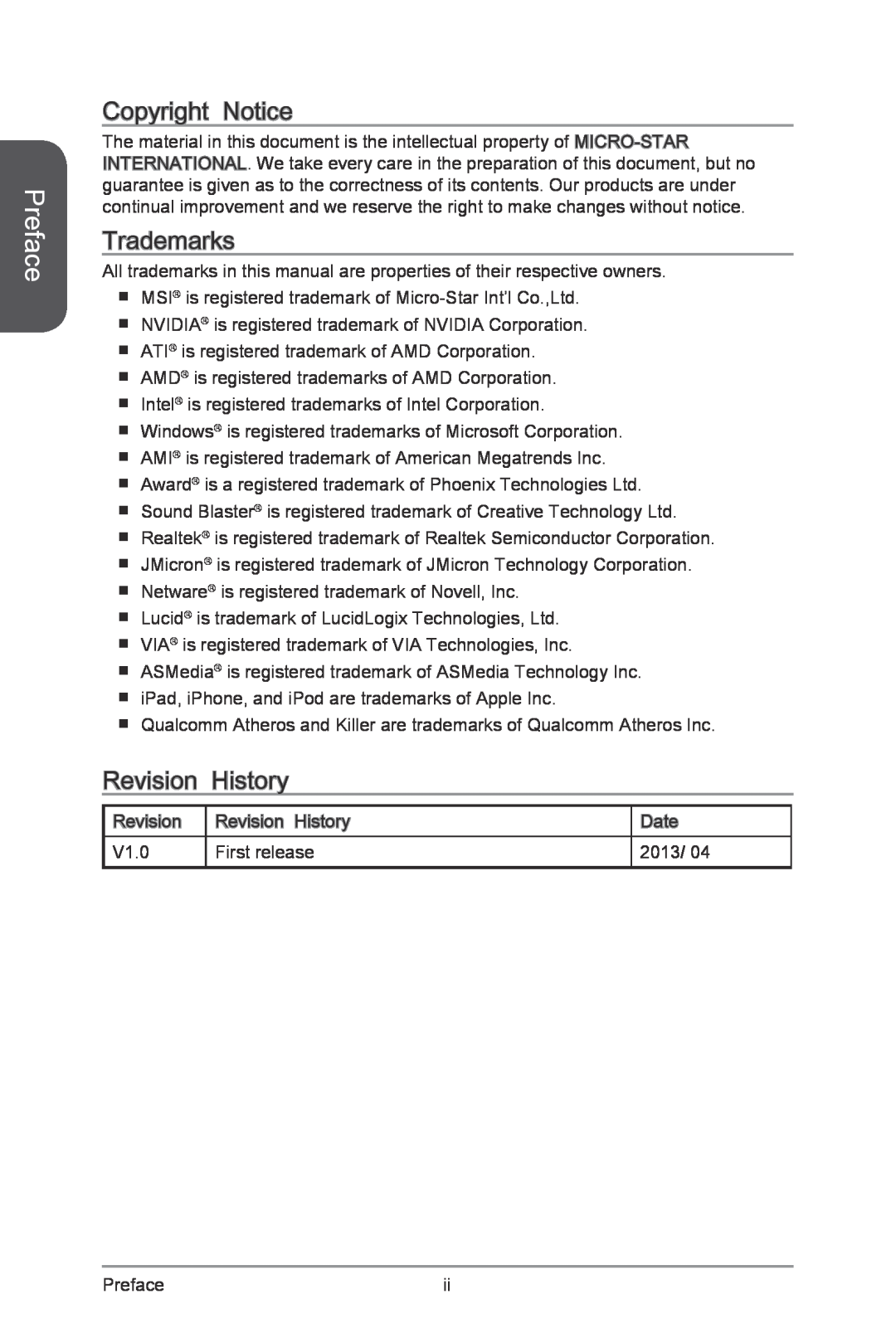 MSI Z87-XPOWER manual Preface, Copyright Notice, Trademarks, Revision, History 